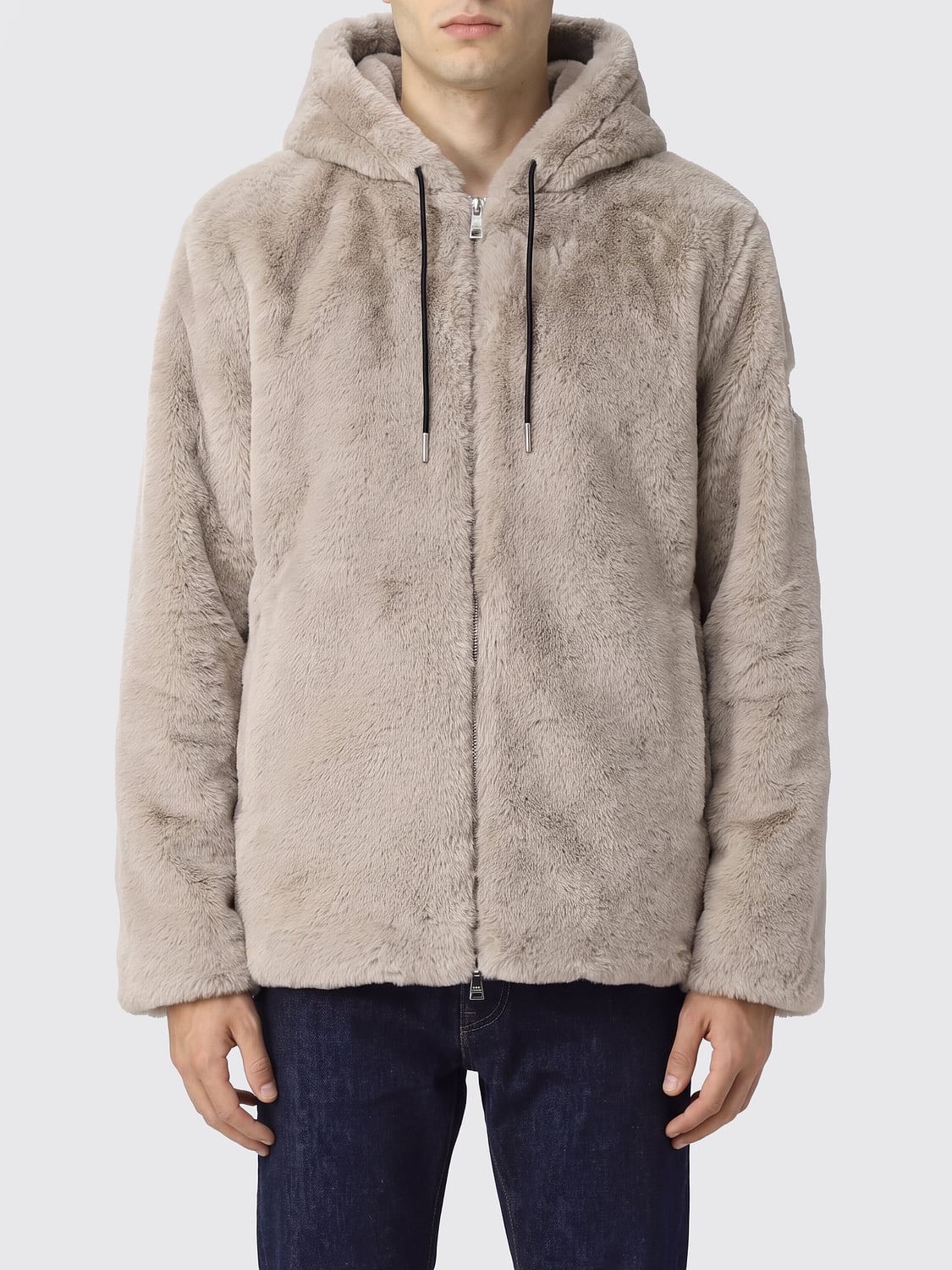 TATRAS COAT: Tatras Hooded Faux-Fur Jacket with Applied Logo, Beige - Img 1