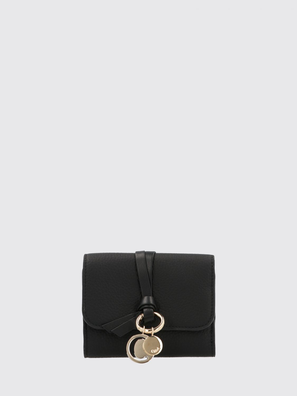 CHLOÉ CARTERA: Cartera trifold Chloé de piel de ternera negra con charm del logo, Negro - Img 1