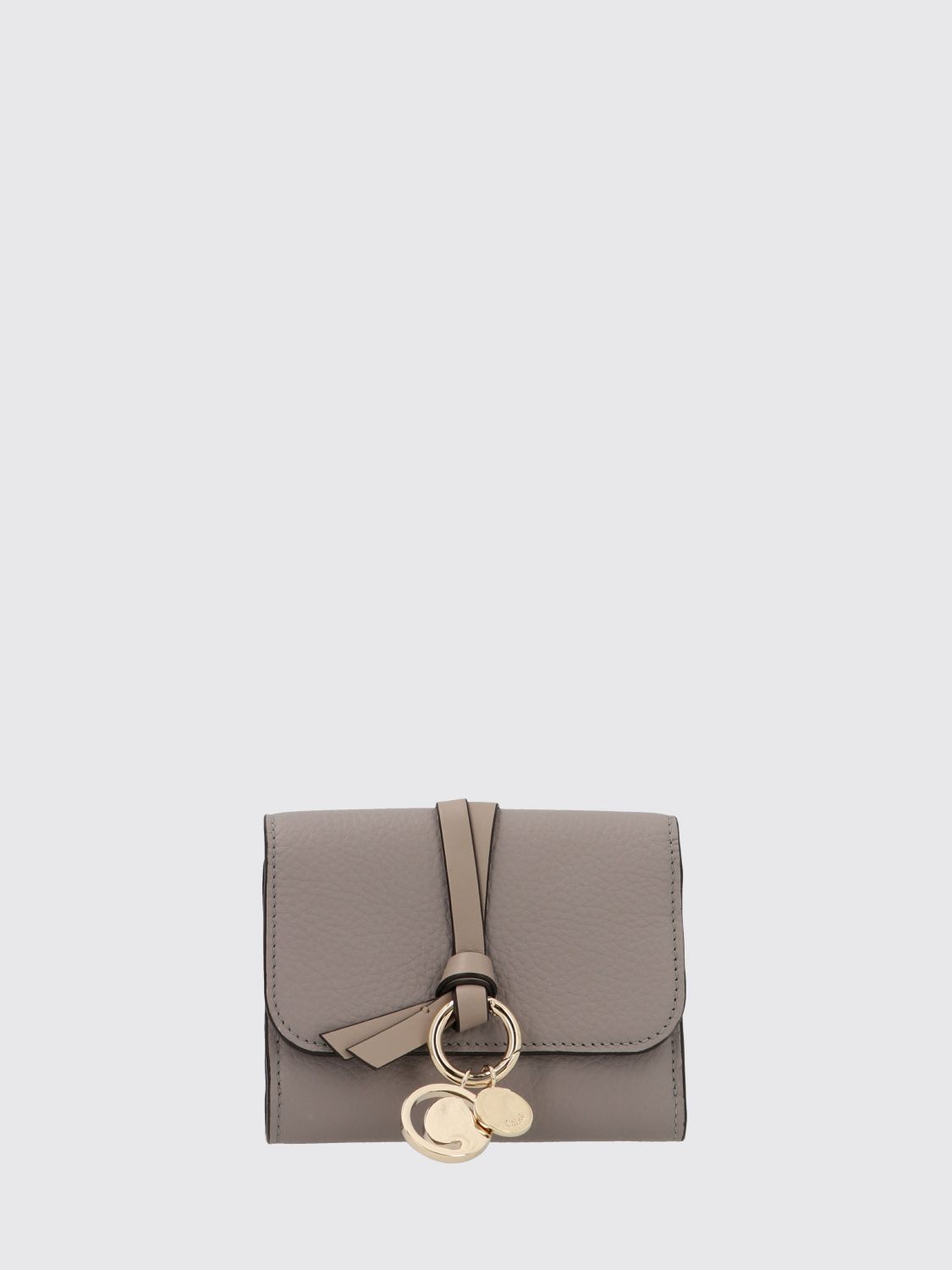 CHLOÉ WALLET: Chloé Black Calfskin Leather Trifold Wallet with Logo Charm, Grey - Img 1