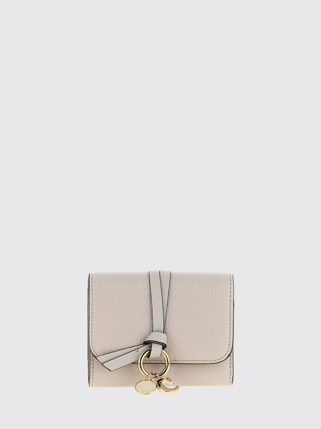 CHLOÉ 財布: CHLOÉ ブラックカーフスキンレザー ロゴチャーム付き三つ折りウォレット, グレー 1 - Img 1