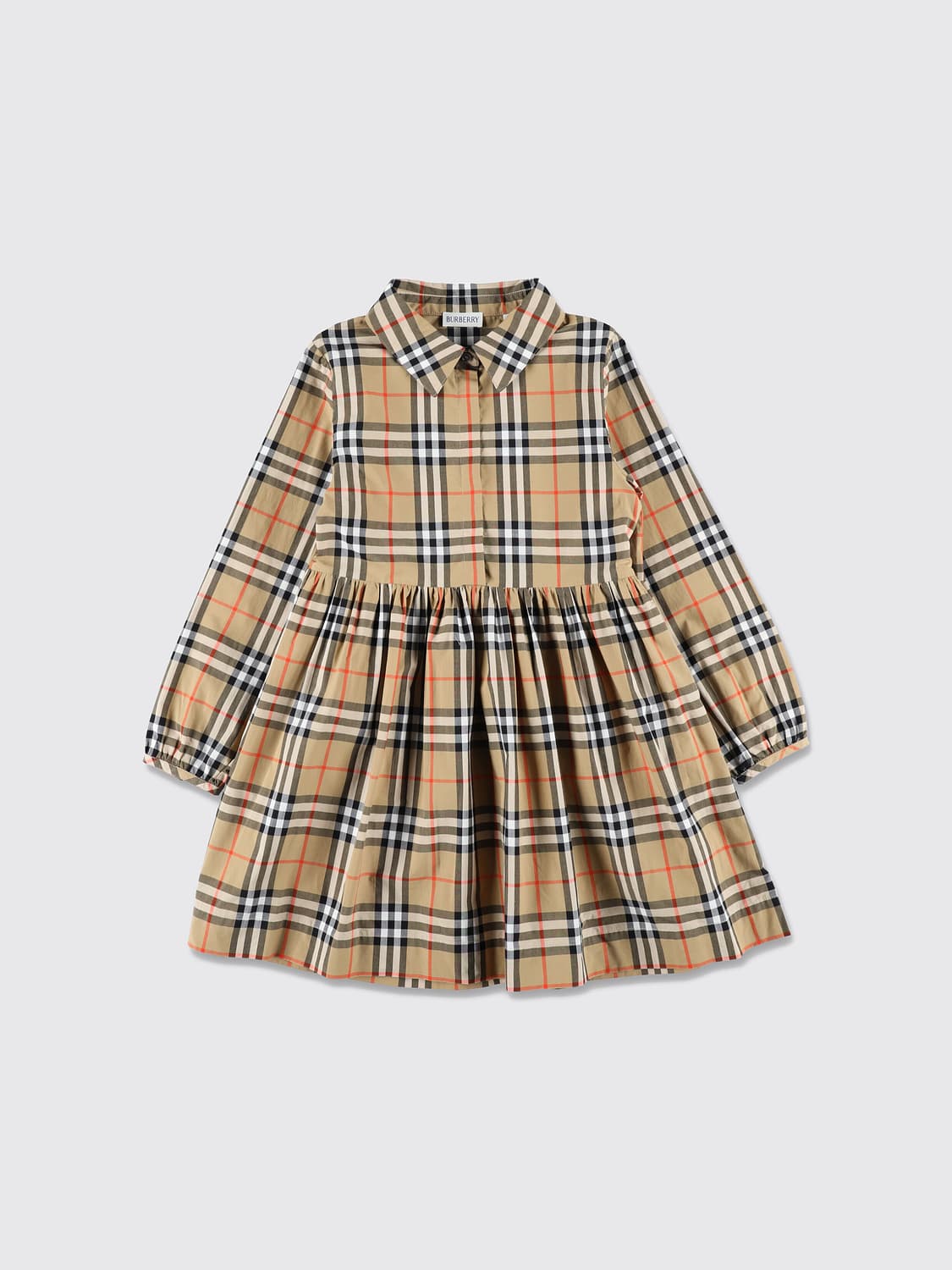 BURBERRY KLEID: Mädchen-Hemdblusenkleid Burberry aus Baumwolle mit Vintage Check und Ballonärmeln, Beige - Img 1
