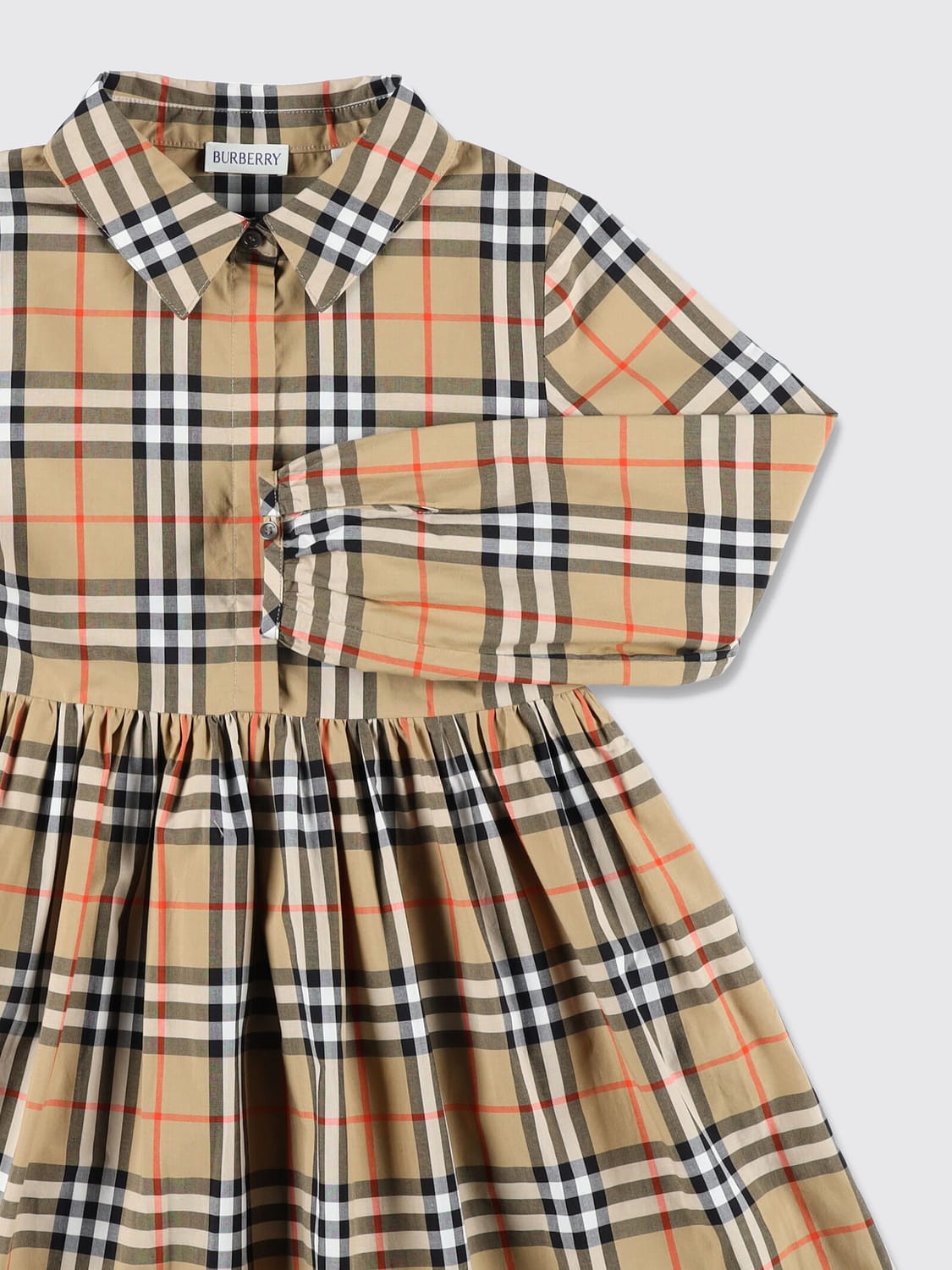 BURBERRY KLEID: Mädchen-Hemdblusenkleid Burberry aus Baumwolle mit Vintage Check und Ballonärmeln, Beige - Img 3