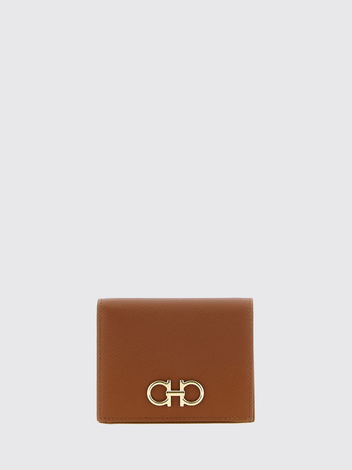 FERRAGAMO WALLET: Gancini Grained Calfskin Leather Bifold Wallet Ferragamo with Metal Logo, Brown - Img 1