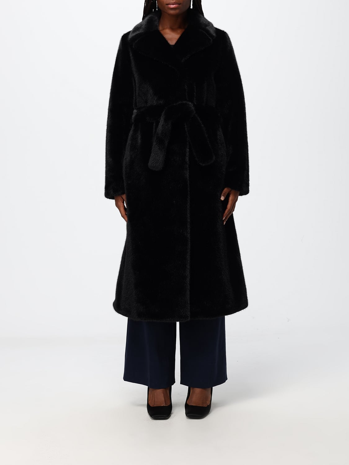 DUNO FUR COAT: Duno Vilma Pejo Robe Coat in Faux Fur with Belt, Black - Img 1