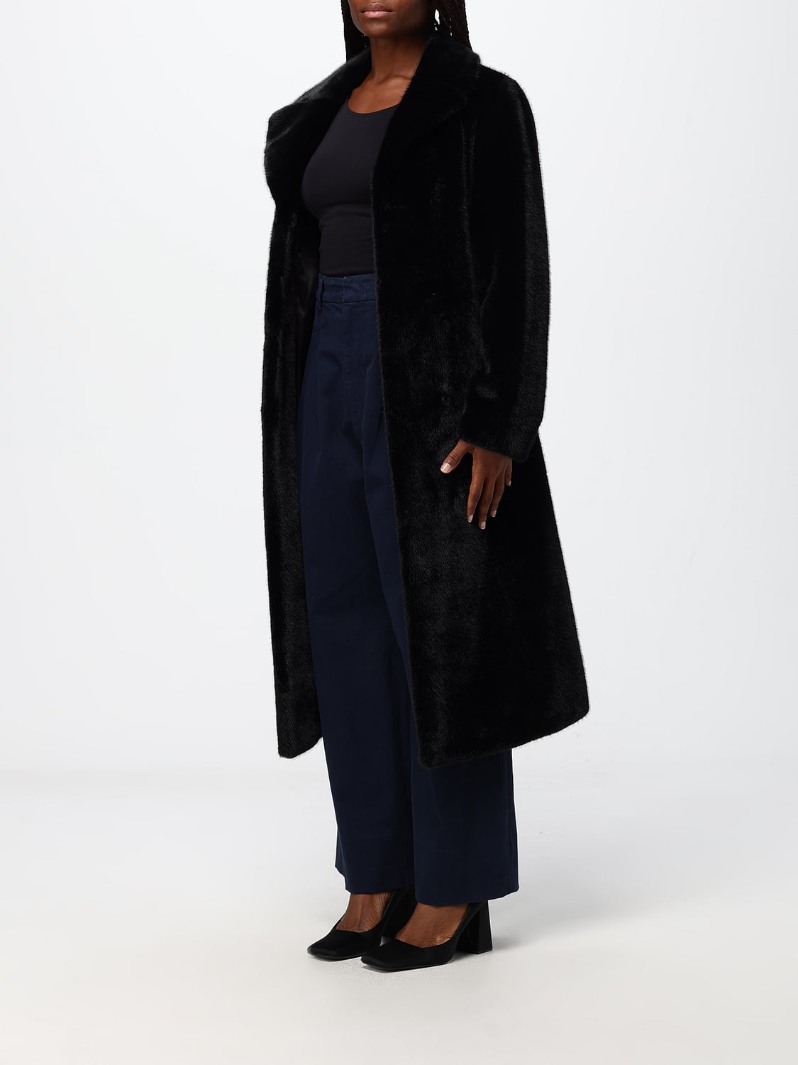 DUNO FUR COAT: Duno Vilma Pejo Robe Coat in Faux Fur with Belt, Black - Img 3