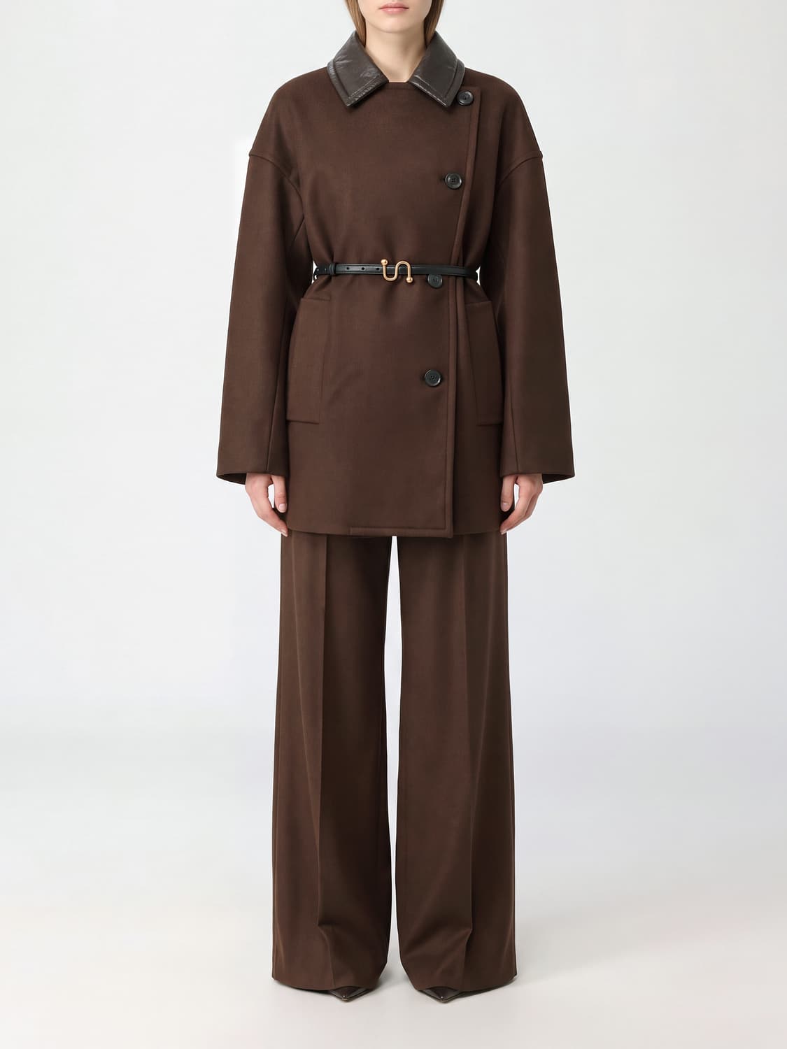 SPORTMAX MANTEL: Zweireihiger Mantel von Sportmax aus Schurwolle mit Relaxed Fit und Gürtel, Kakao - Img 1