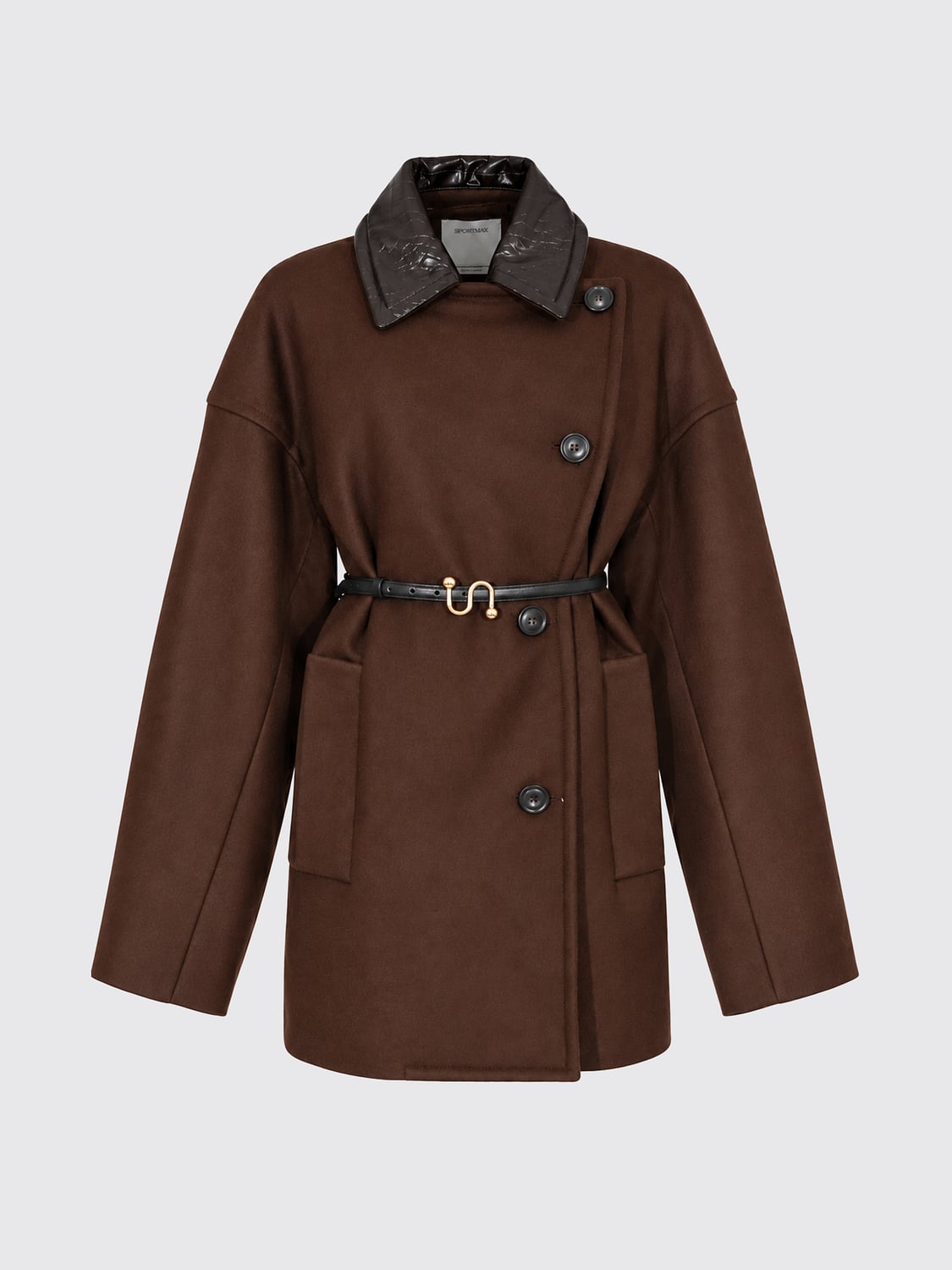 SPORTMAX MANTEL: Zweireihiger Mantel von Sportmax aus Schurwolle mit Relaxed Fit und Gürtel, Kakao - Img 2