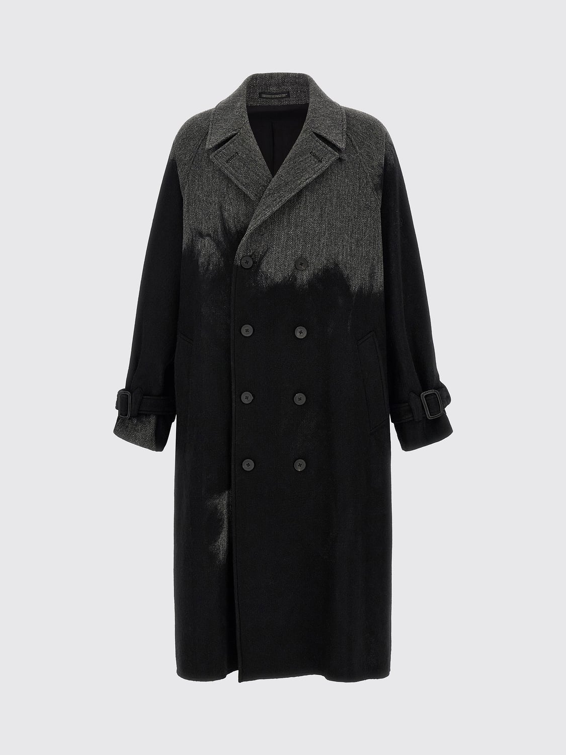 YOHJI YAMAMOTO COAT: Yohji Yamamoto Long Double-Breasted Wool Coat with Abstract Pattern, Grey - Img 2
