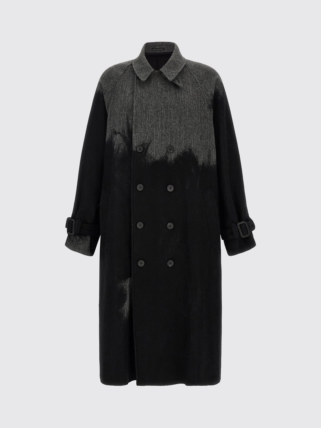 YOHJI YAMAMOTO COAT: Yohji Yamamoto Long Double-Breasted Wool Coat with Abstract Pattern, Grey - Img 4