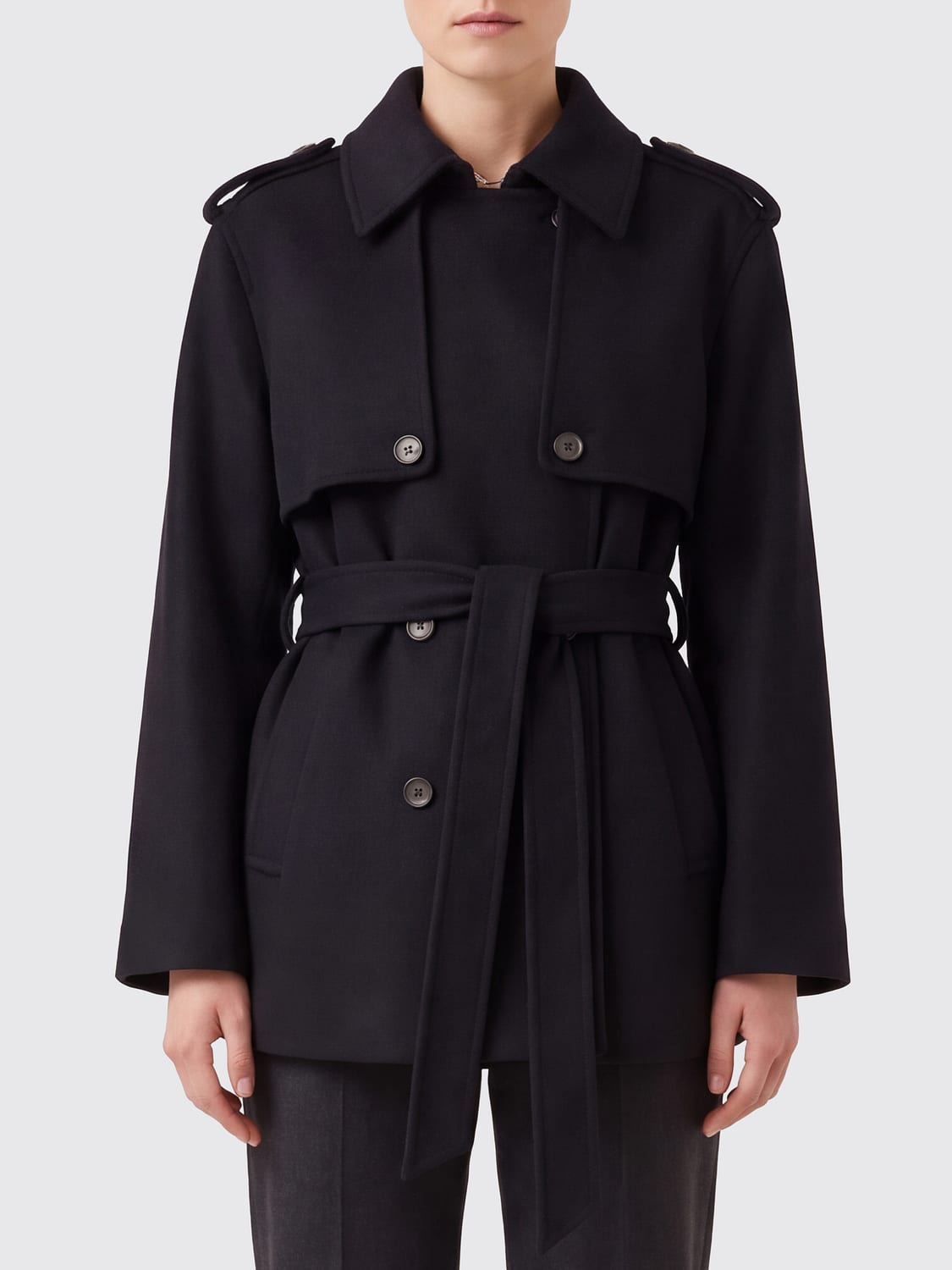 IVY OAK CAPPOTTO: Caban doppiopetto Ivy Oak in pura lana con cintura da annodare in vita, Blue - Img 1