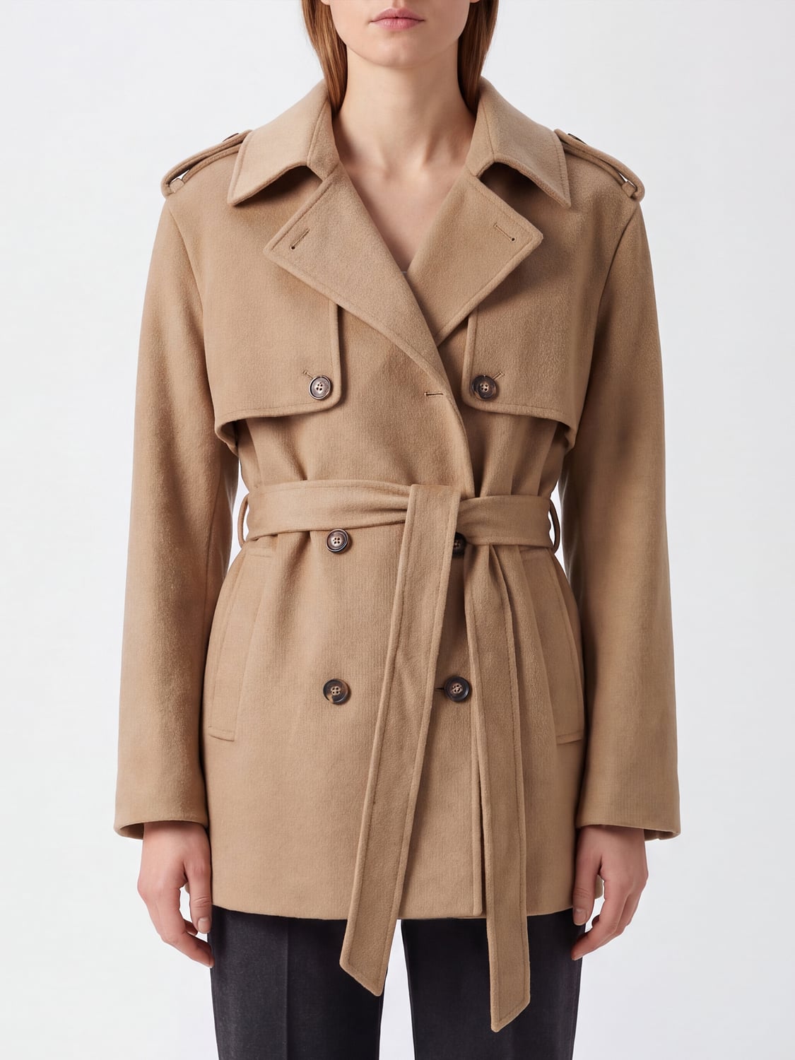 IVY OAK MANTEL: Zweireihiger Woll-Peacoat von Ivy Oak mit Bindegürtel und Schulterklappen, Braun - Img 1