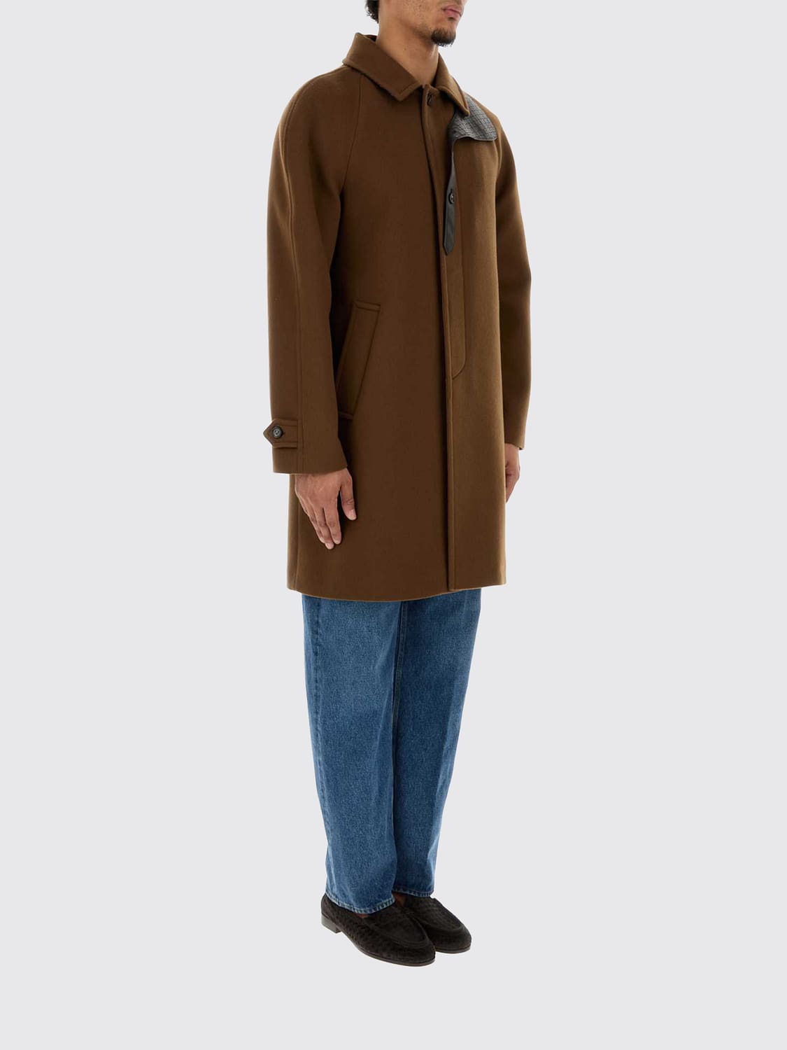 BOTTEGA VENETA COAT: Bottega Veneta Single-Breasted Wool and Cashmere Coat with Leather Collar, Brown - Img 1