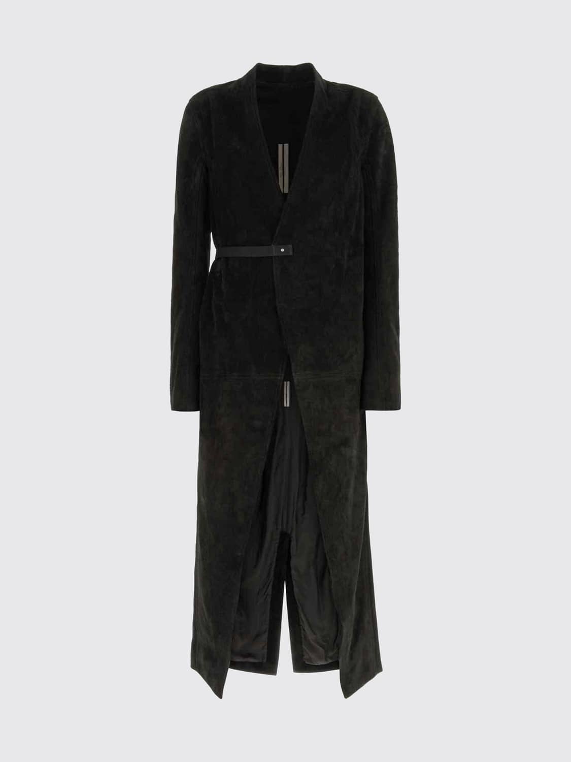 RICK OWENS ABRIGO: Abrigo largo cruzado tipo bata Rick Owens en piel de becerro de ante, Negro - Img 1