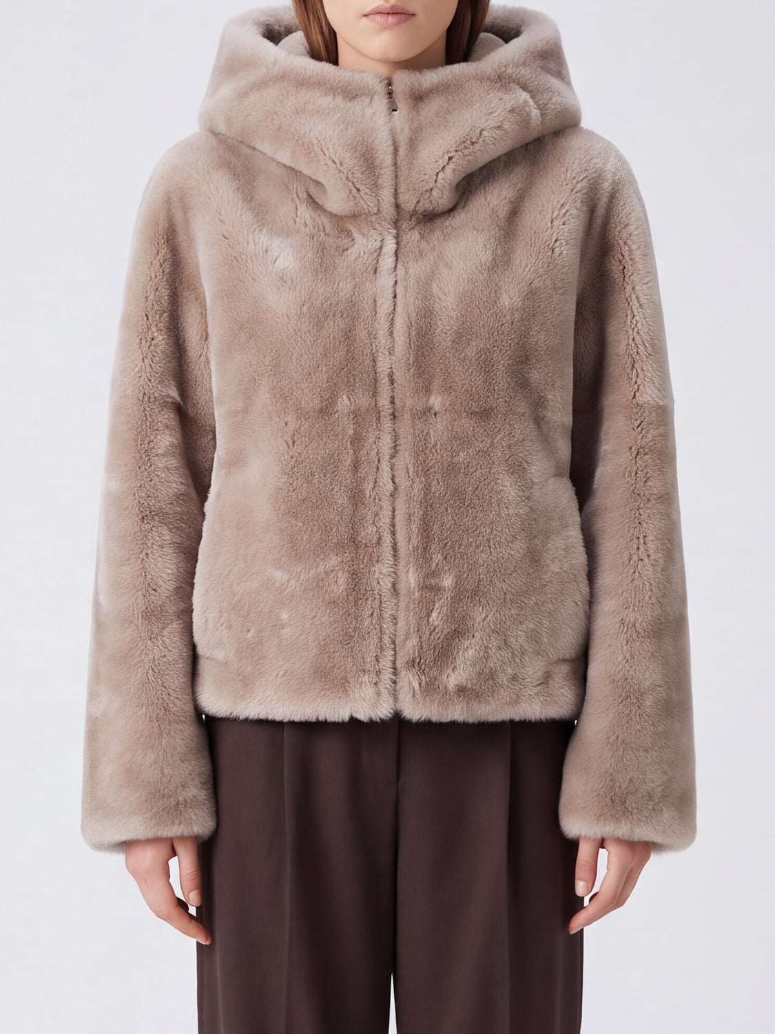 BLANCHA FUR COAT: Blancha Short Hooded Fur Jacket with Zip Closure and Slash Pockets, Hazel - Img 1