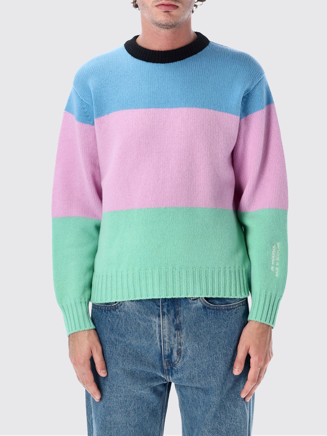 JW ANDERSON PULL: Pull à col rond rayé JW Anderson en pure laine avec épaules tombantes, Multicolore - Img 1