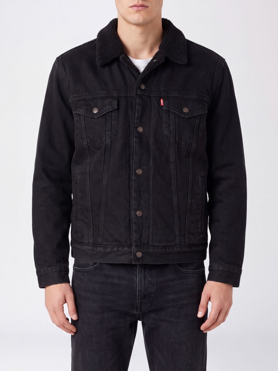 LEVI'S 外套: Levi's 牛仔衬衫夹克，配毛领和贴袋, 黑色 - Img 1