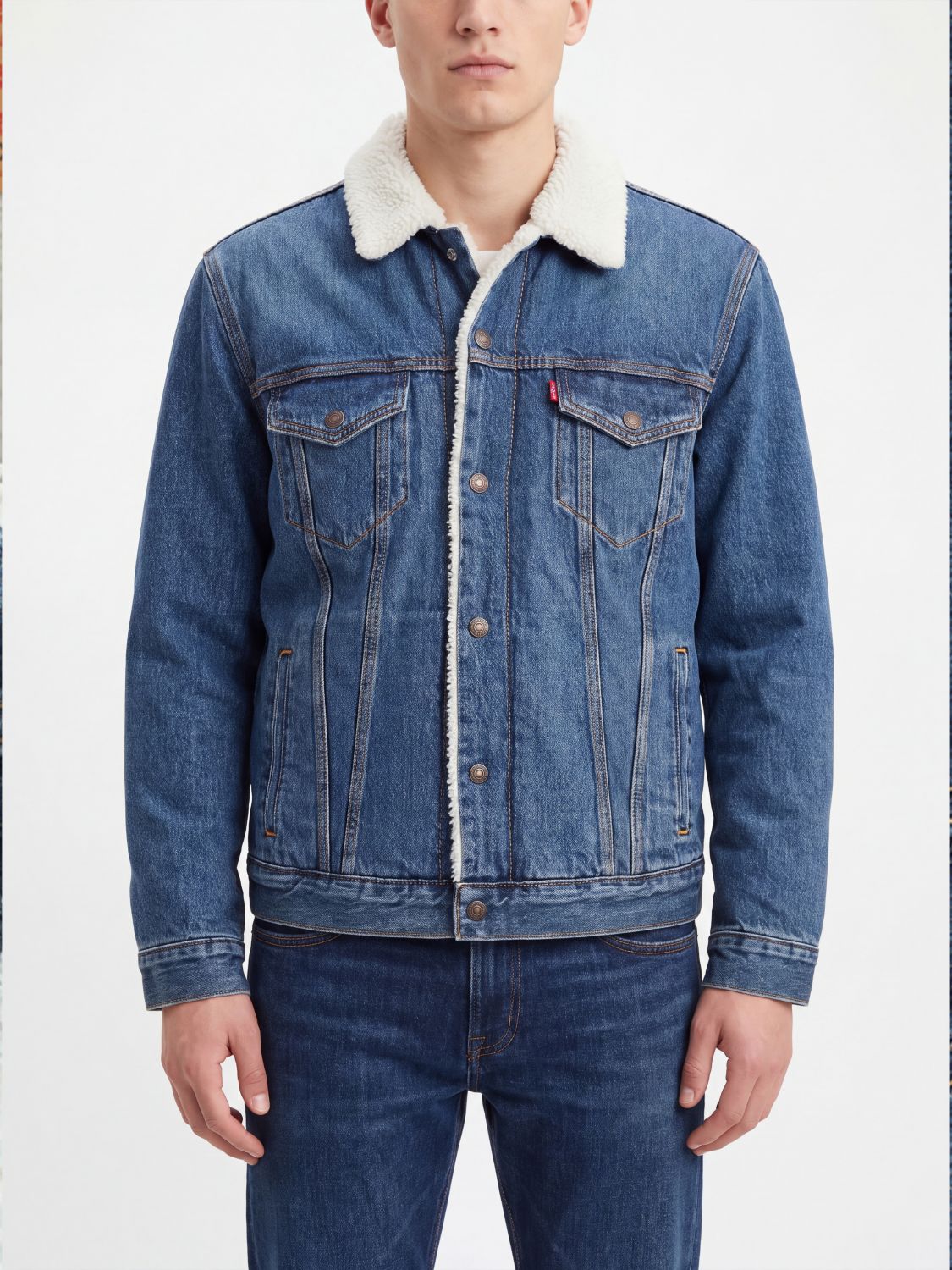 LEVI'S 外套: Levi's 牛仔衬衫夹克，配毛领和贴袋, 蓝色 - Img 1