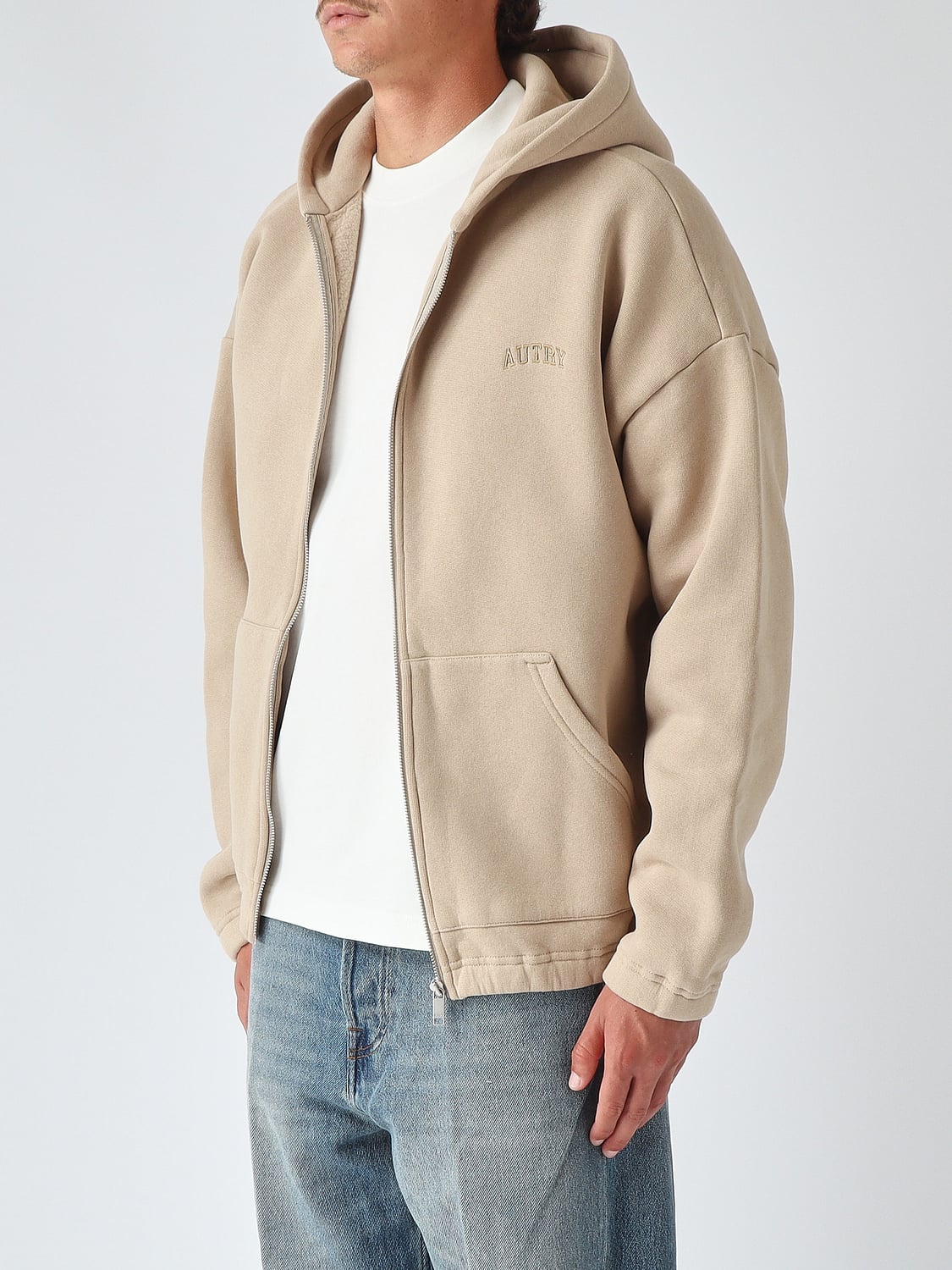 AUTRY SWEATSHIRT: Autry Jersey-Kapuzenjacke mit Reißverschluss und farblich abgestimmtem gesticktem Logo, Beige - Img 3