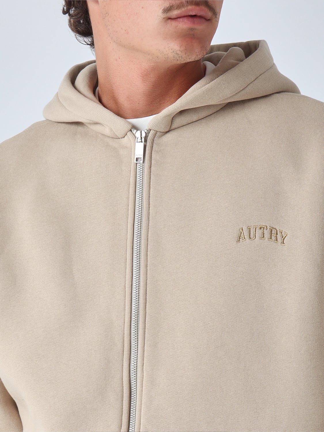 AUTRY SWEATSHIRT: Autry Jersey-Kapuzenjacke mit Reißverschluss und farblich abgestimmtem gesticktem Logo, Beige - Img 4
