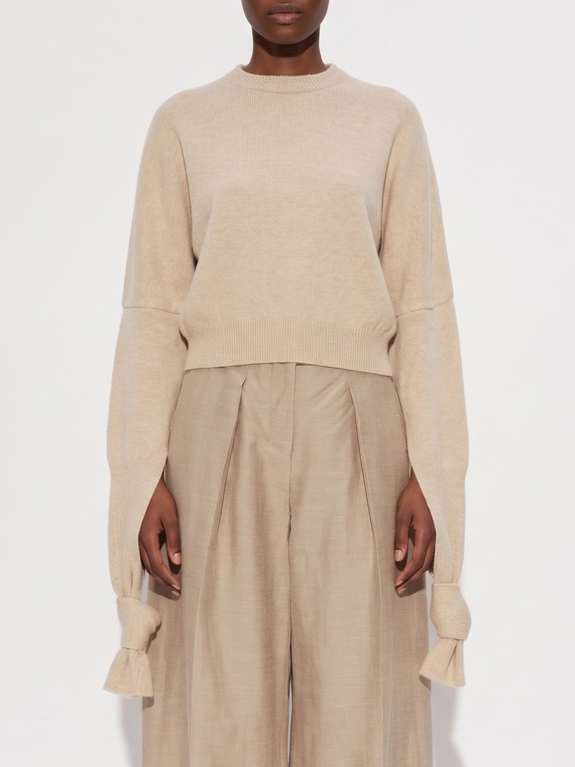 JACQUEMUS SWEATER: Merino Wool Crewneck Jumper by Jacquemus with Dropped Shoulders, Beige - Img 1