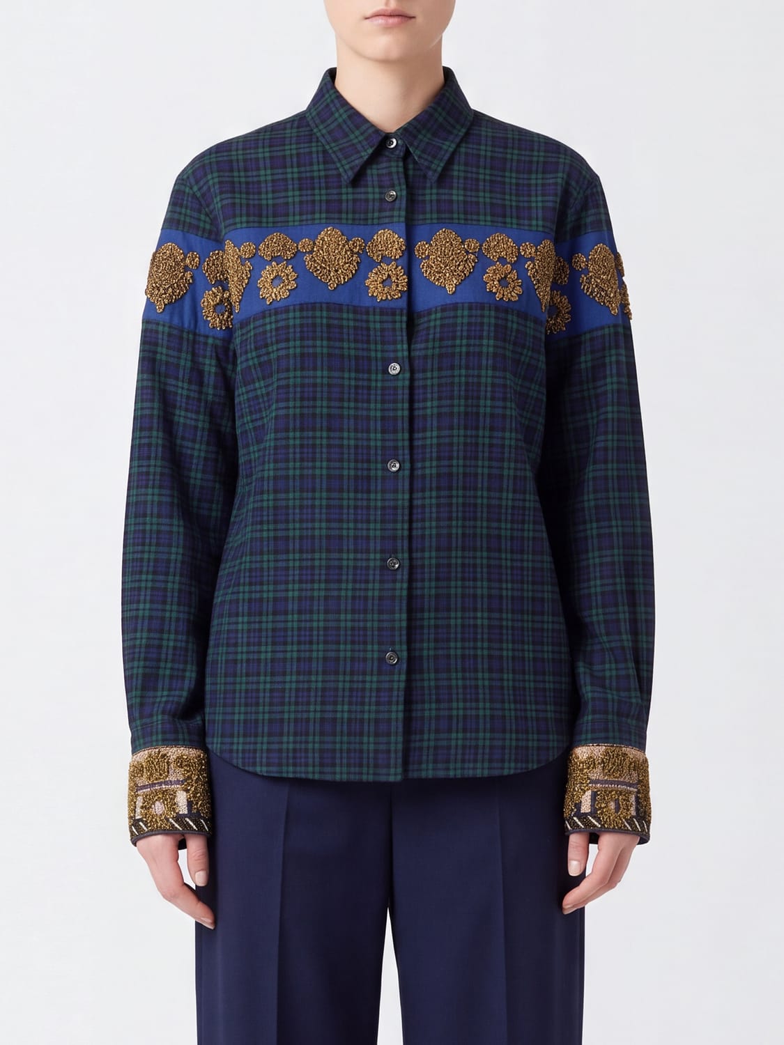 DRIES VAN NOTEN HEMDBLUSE: Dries Van Noten Kariertes Baumwollhemd mit Perlenstickerei und klassischem Kragen, Grün - Img 1