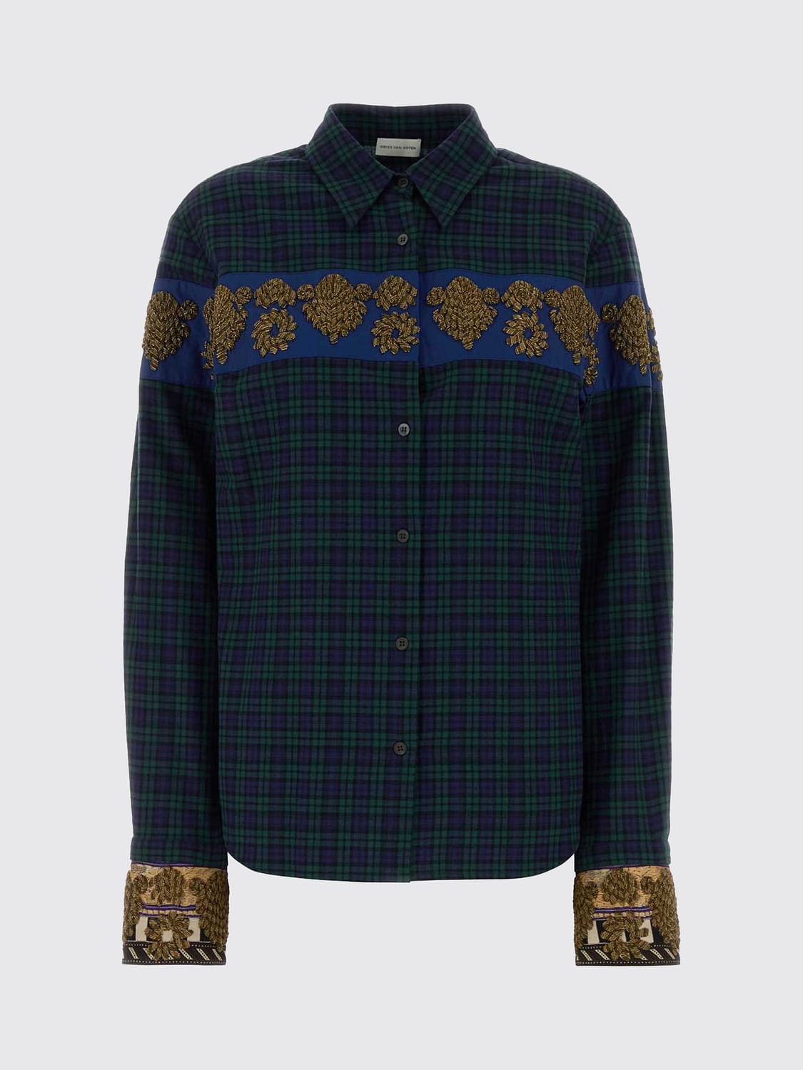 DRIES VAN NOTEN HEMDBLUSE: Dries Van Noten Kariertes Baumwollhemd mit Perlenstickerei und klassischem Kragen, Grün - Img 2