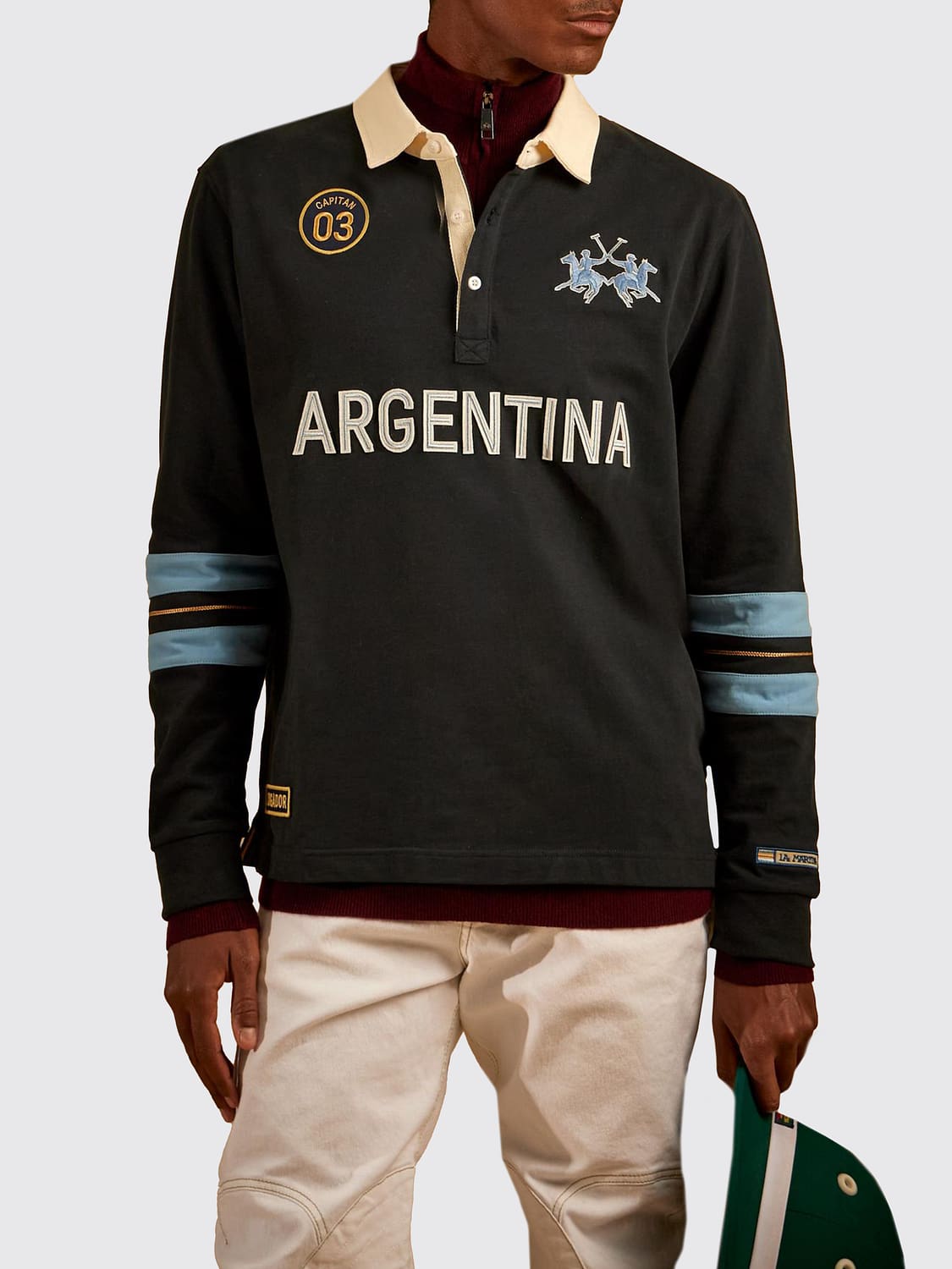 LA MARTINA POLO SHIRT: La Martina Argentina Striped Long-Sleeve Polo with Prints and Logo, Navy - Img 1