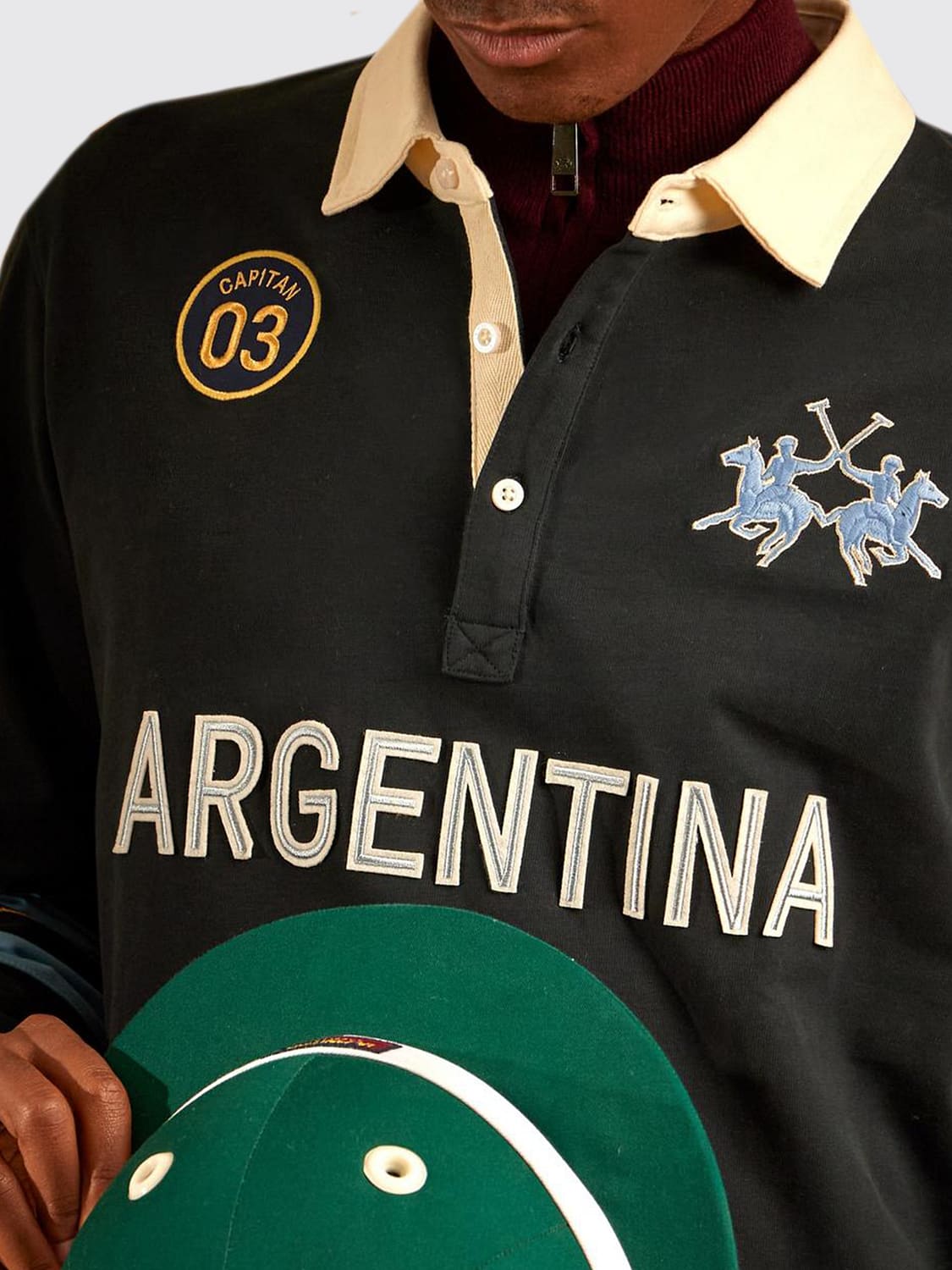 LA MARTINA POLO SHIRT: La Martina Argentina Striped Long-Sleeve Polo with Prints and Logo, Navy - Img 3