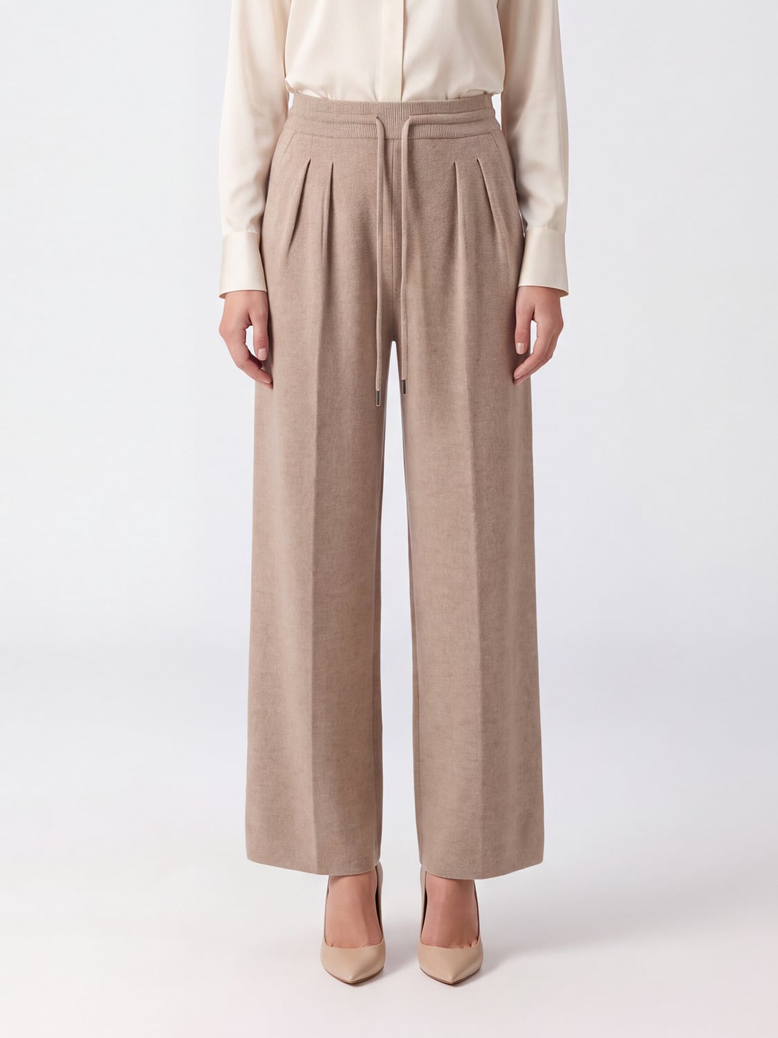 MAX MARA PANTALONES: Pantalones Max Mara de punto de lana y cachemira de talle alto, Beige - Img 1