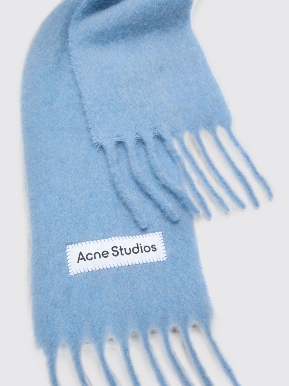 ACNE STUDIOS SCARF: Acne Studios Alpaca and Wool Blend Fringed Scarf with Embroidered Logo, Blue - Img 2