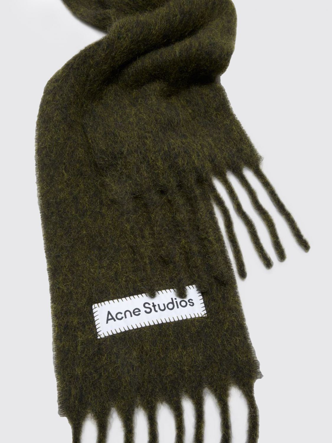 ACNE STUDIOS ÉCHARPE: Écharpe Acne Studios en mélange de laine et d'alpaga avec franges et logo brodé, Vert - Img 2