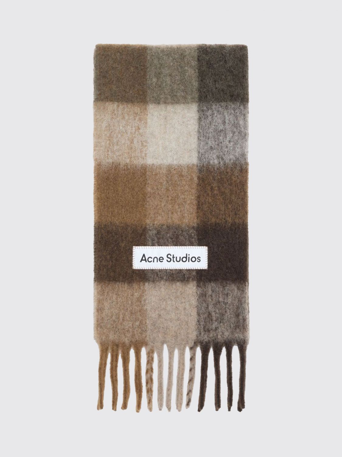 ACNE STUDIOS ÉCHARPE: Écharpe Acne Studios à carreaux en mélange d'alpaga et mohair à bords frangés, Marron - Img 1