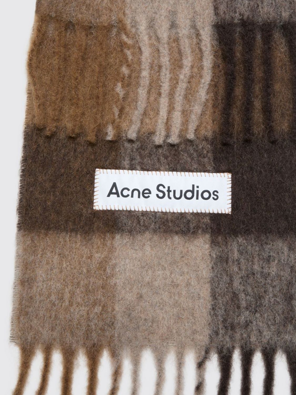 ACNE STUDIOS ÉCHARPE: Écharpe Acne Studios à carreaux en mélange d'alpaga et mohair à bords frangés, Marron - Img 2
