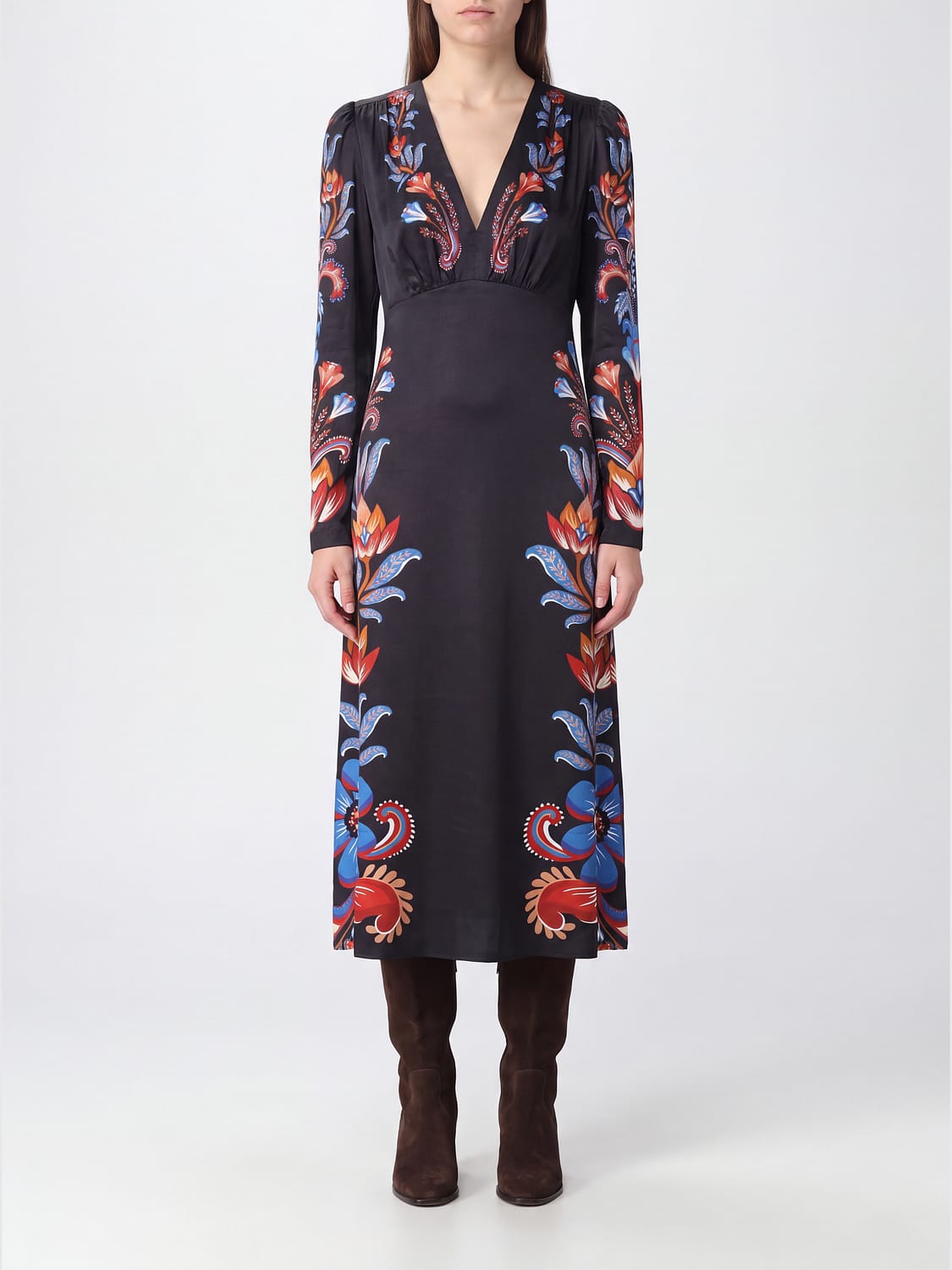 FARM RIO DRESS: FARM RIO Energy Floral Print Viscose Midi Sheath Dress with V-Neck, Black - Img 1