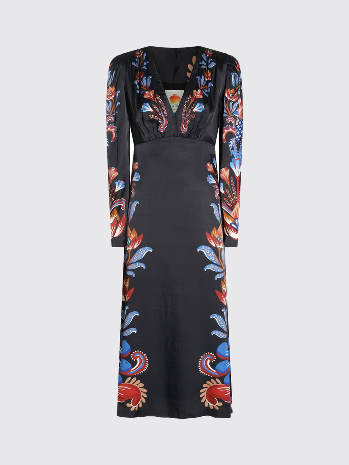 FARM RIO DRESS: FARM RIO Energy Floral Print Viscose Midi Sheath Dress with V-Neck, Black - Img 2