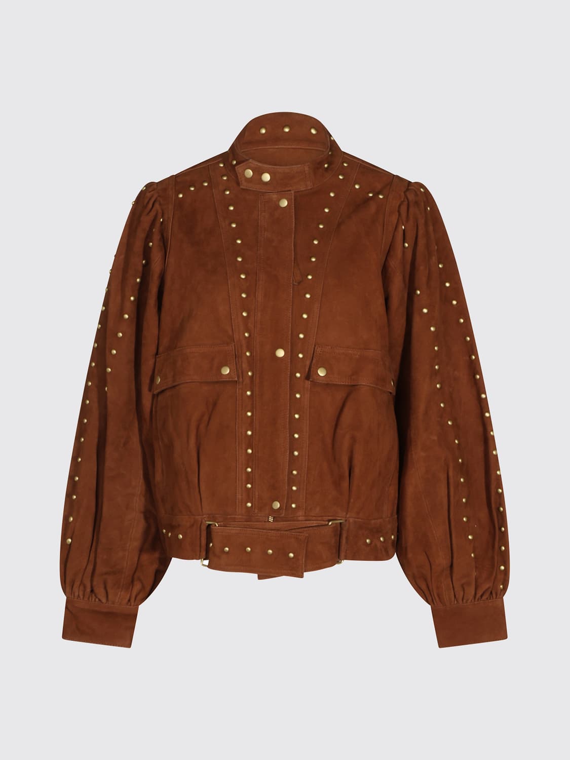 FARM RIO JACKET: Farm Rio Suede Biker Jacket with Studs and Adjustable Belt, Brown - Img 2