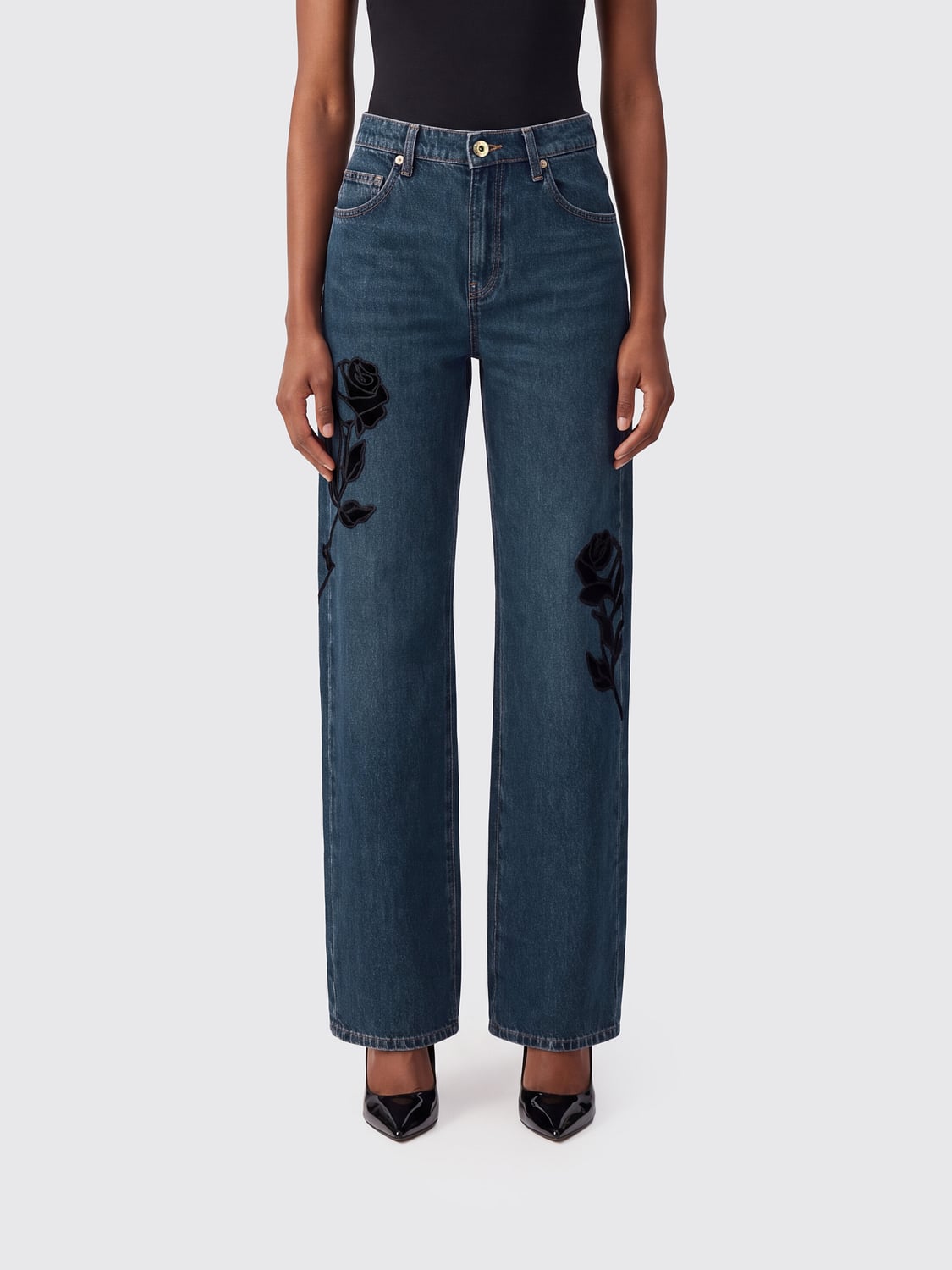 BLUMARINE JEANS: Wide-Leg-Jeans von Blumarine aus Baumwolldenim mit Blumenprint, Blau - Img 1