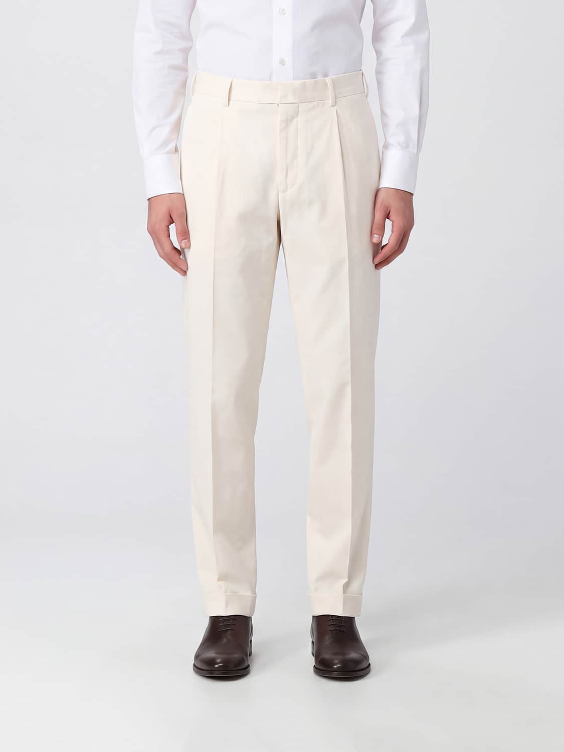 CELLAR DOOR PANTS: Cellar Door Pleated Stretch-Cotton Tailored Trousers, Butter - Img 1