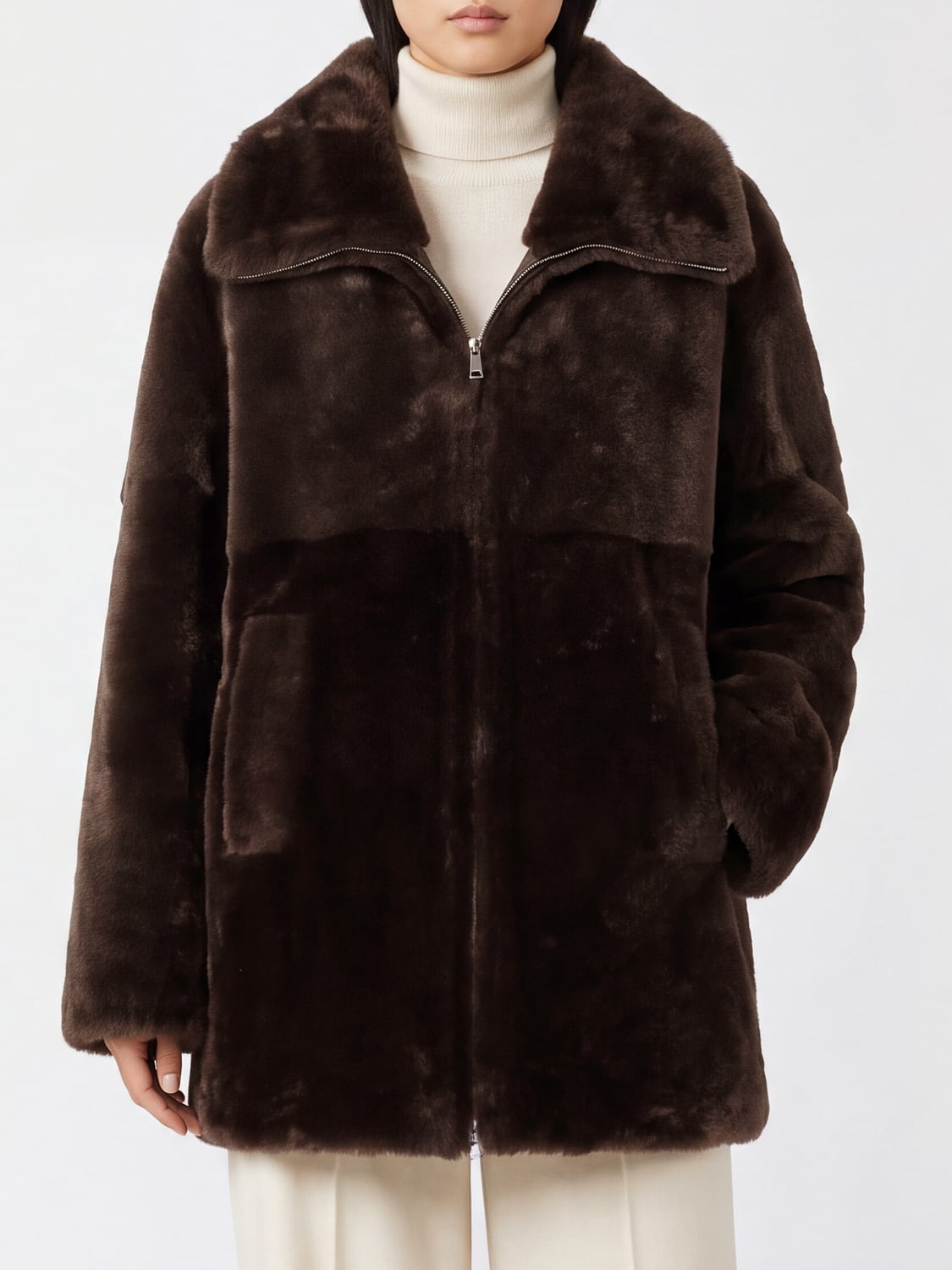 BLANCHA PELLICCIA: Cappotto monopetto Blancha in shearling al ginocchio con collo alla marinara, Marrone - Img 1