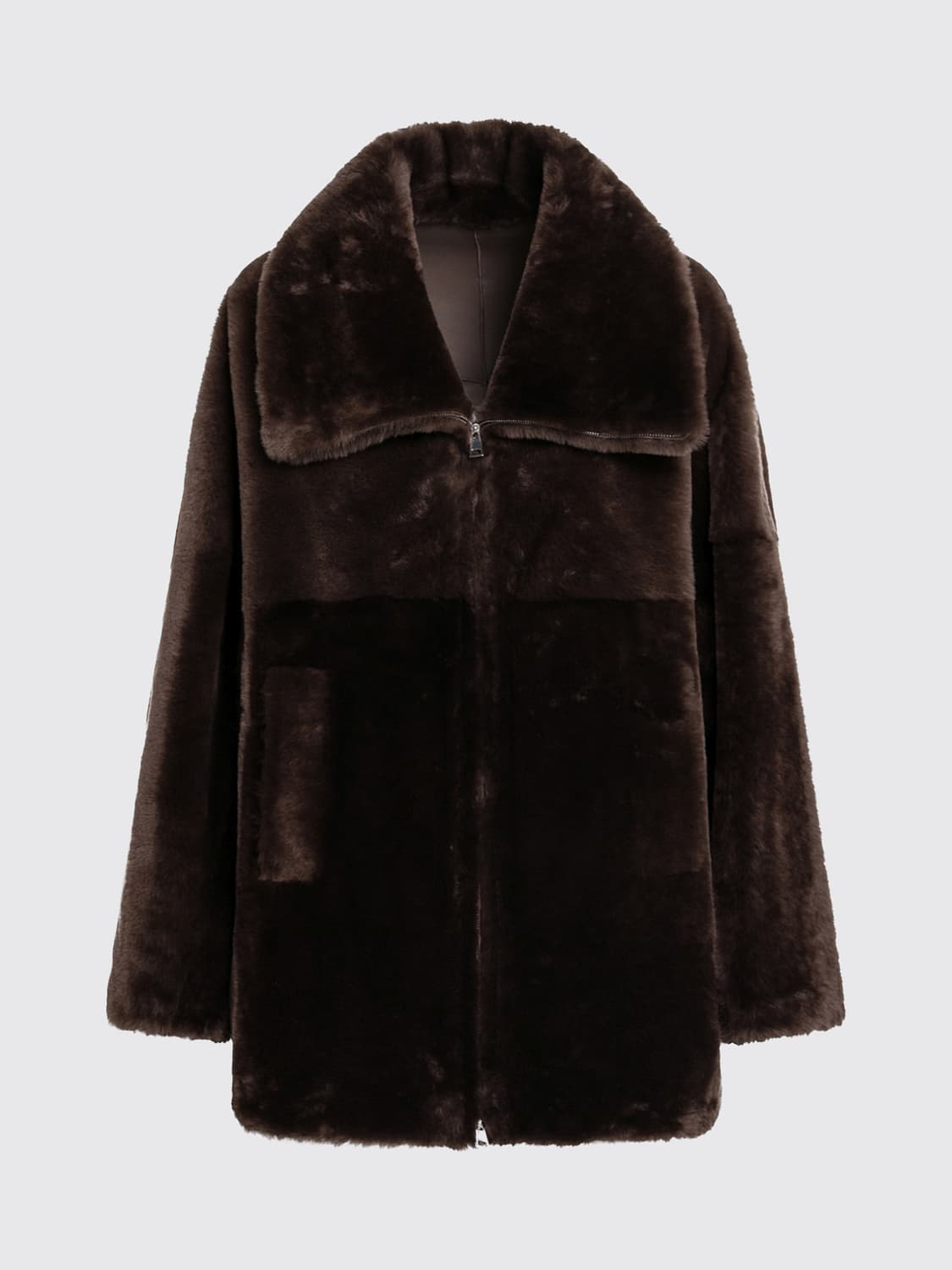 BLANCHA PELLICCIA: Cappotto monopetto Blancha in shearling al ginocchio con collo alla marinara, Marrone - Img 2
