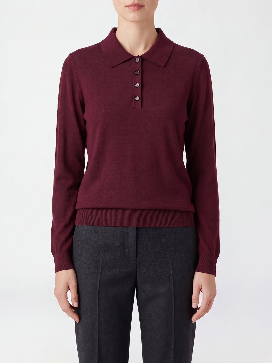 SOLOTRE POLO: Langärmeliges Poloshirt von Solotre aus Wollstrick mit geripptem Kragen, Weinrot - Img 1