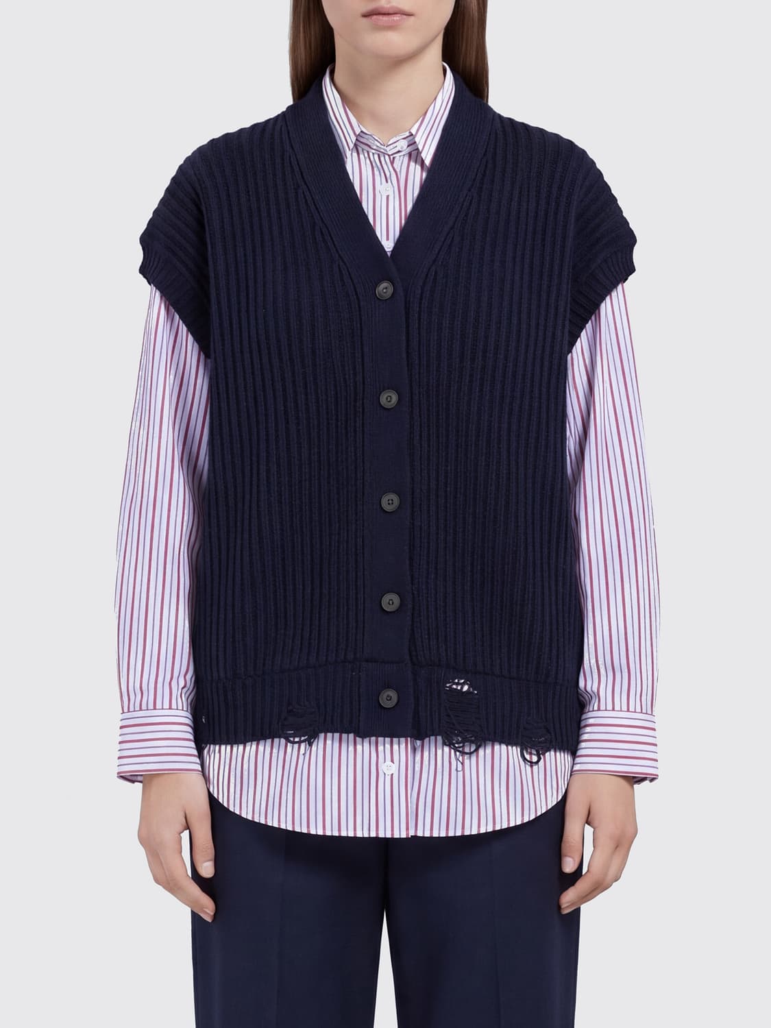 SOLOTRE GILET: Gilet Solotre en maille de laine avec col en V et fermeture à boutons, Bleu - Img 1