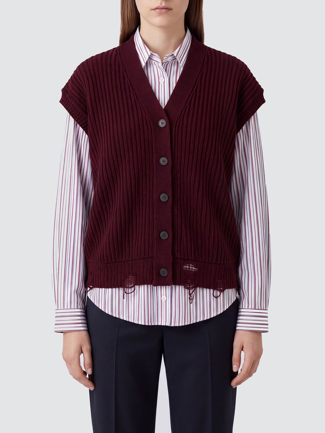 SOLOTRE GILET: Gilet Solotre en maille de laine avec col en V et fermeture à boutons, Bordeaux - Img 1