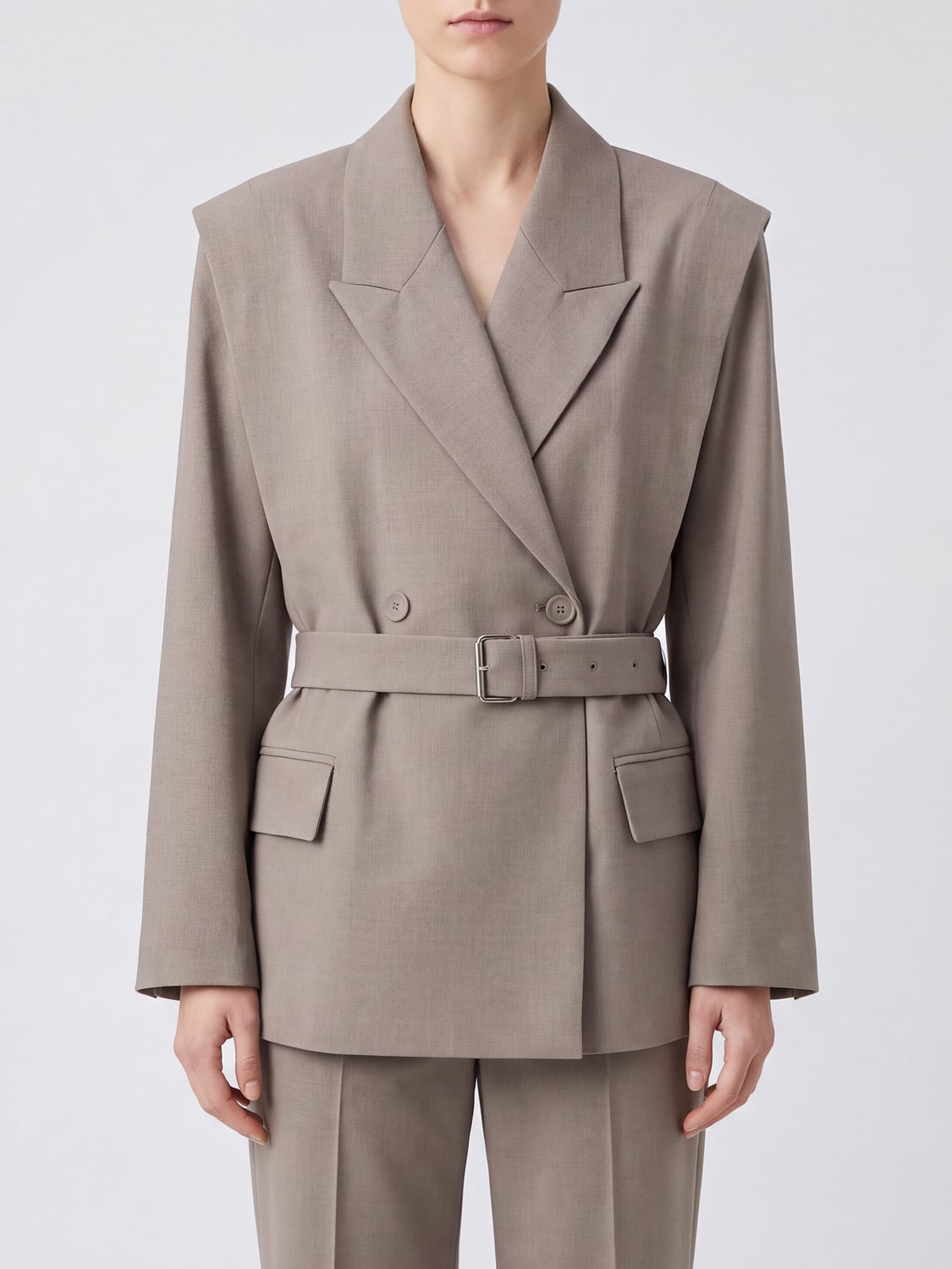 SOLOTRE JACKE: Zweireihiger Polyester-Blazer Solotre mit Taillengürtel und steigendem Revers, Mud - Img 1