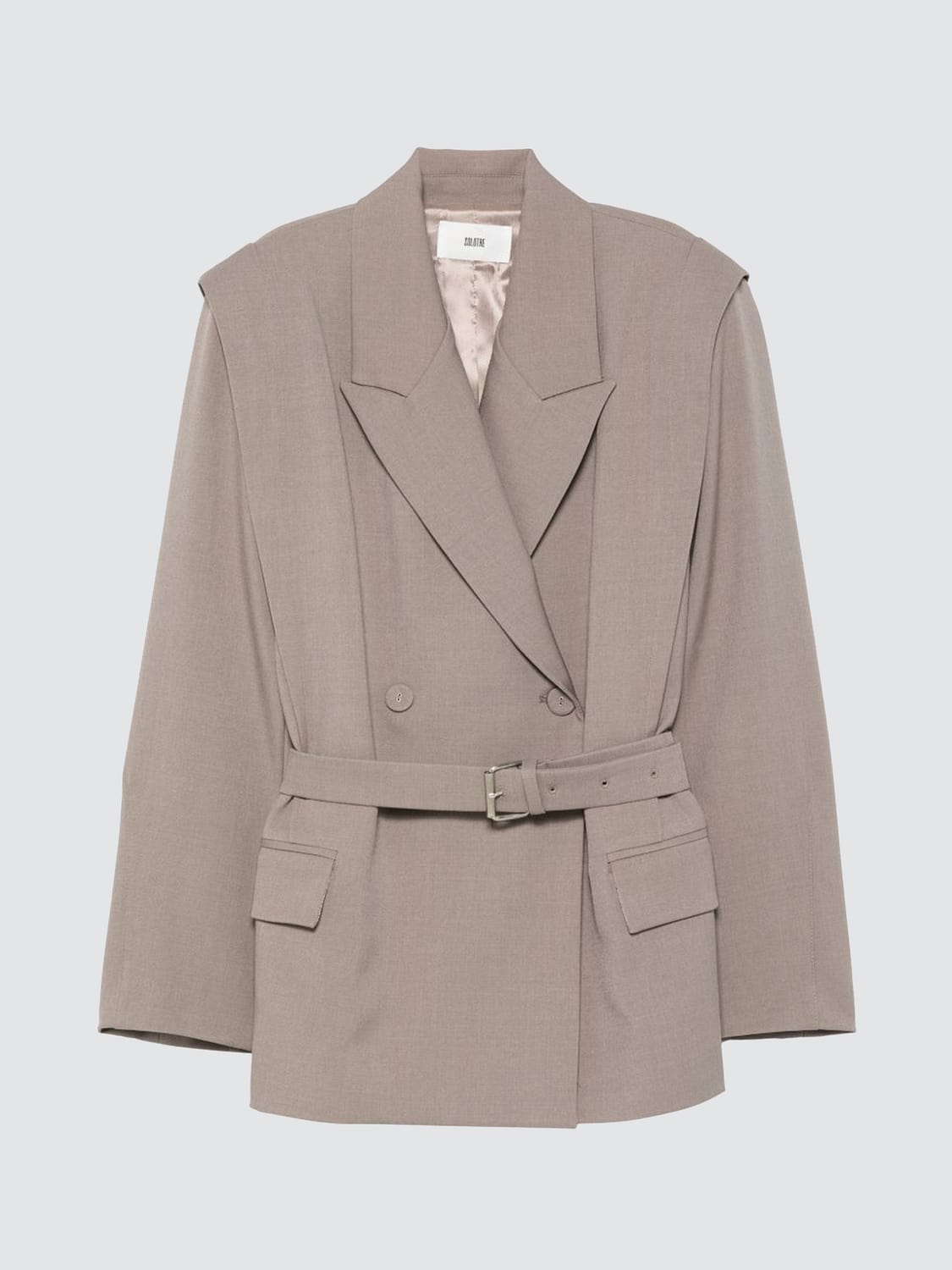 SOLOTRE JACKE: Zweireihiger Polyester-Blazer Solotre mit Taillengürtel und steigendem Revers, Mud - Img 2