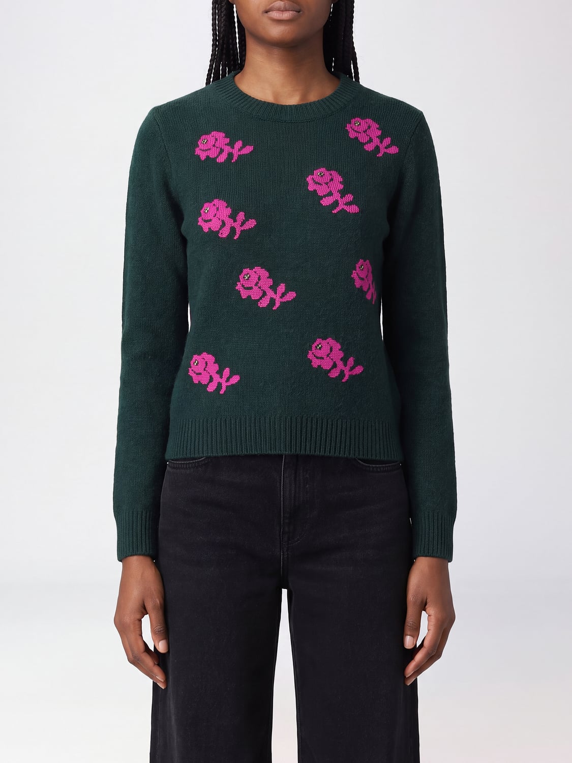 ESSENTIEL ANTWERP PULLOVER: Rundhalspullover aus Wolle mit Perlenstickerei Essentiel Antwerp, Grün - Img 1