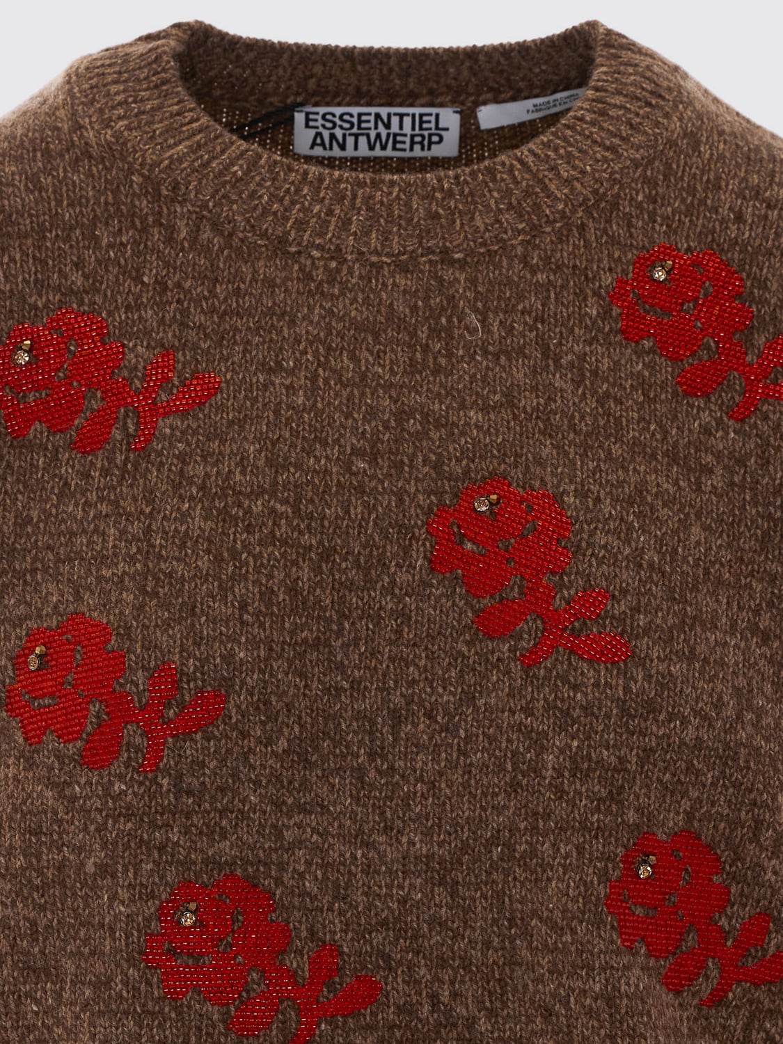 ESSENTIEL ANTWERP PULLOVER: Rundhalspullover aus Wolle mit Perlenstickerei Essentiel Antwerp, Beige - Img 4