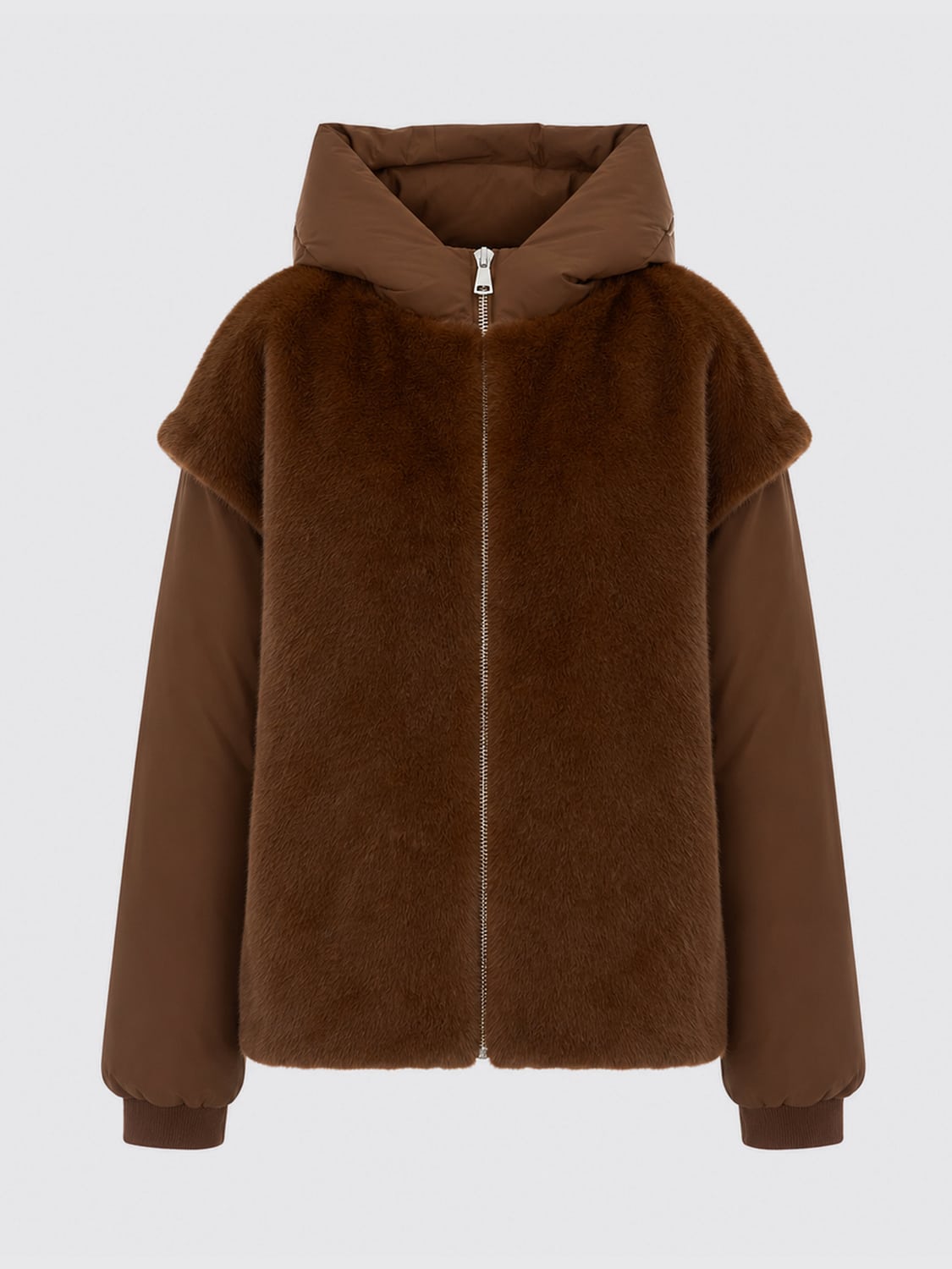 ESSENTIEL ANTWERP PELLICCIA: Giacca corta Essentiel Antwerp in pelliccia sintetica con cappuccio, Marrone - Img 2