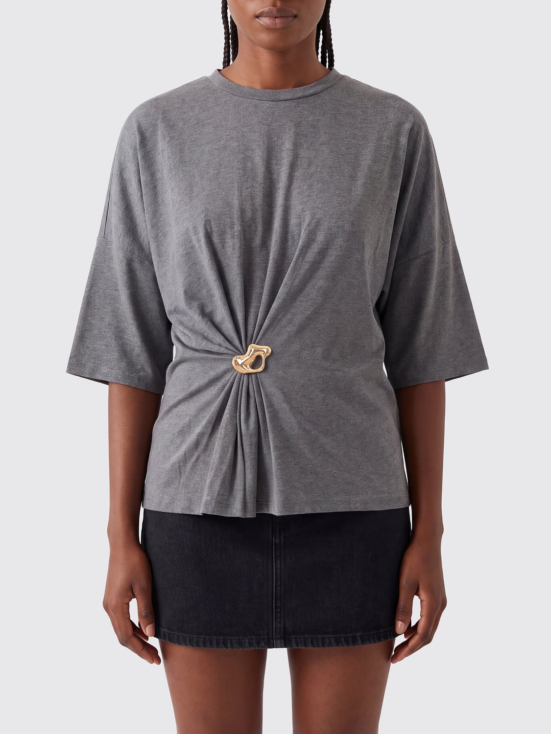 ESSENTIEL ANTWERP T-SHIRT: Drapiertes Viskose-T-Shirt Essentiel Antwerp mit überschnittenen Schultern, Grau - Img 1