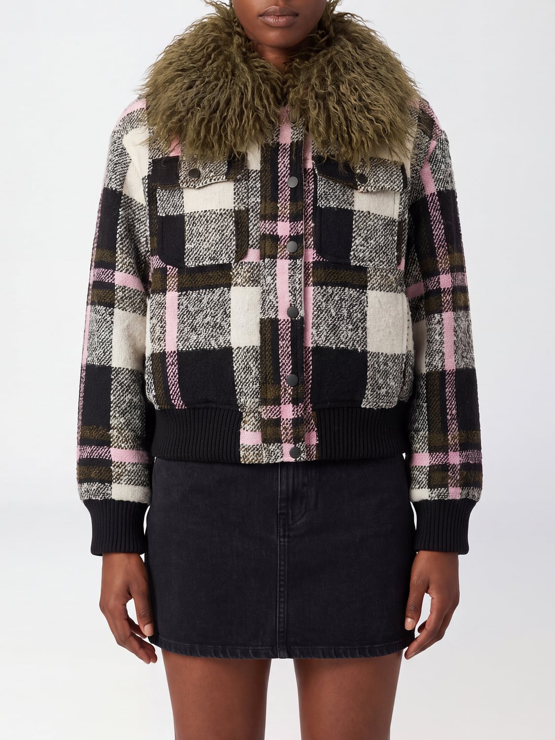 ESSENTIEL ANTWERP GIACCA: Bomber Essentiel Antwerp in tartan con collo in pelliccia sintetica, Fantasia - Img 1
